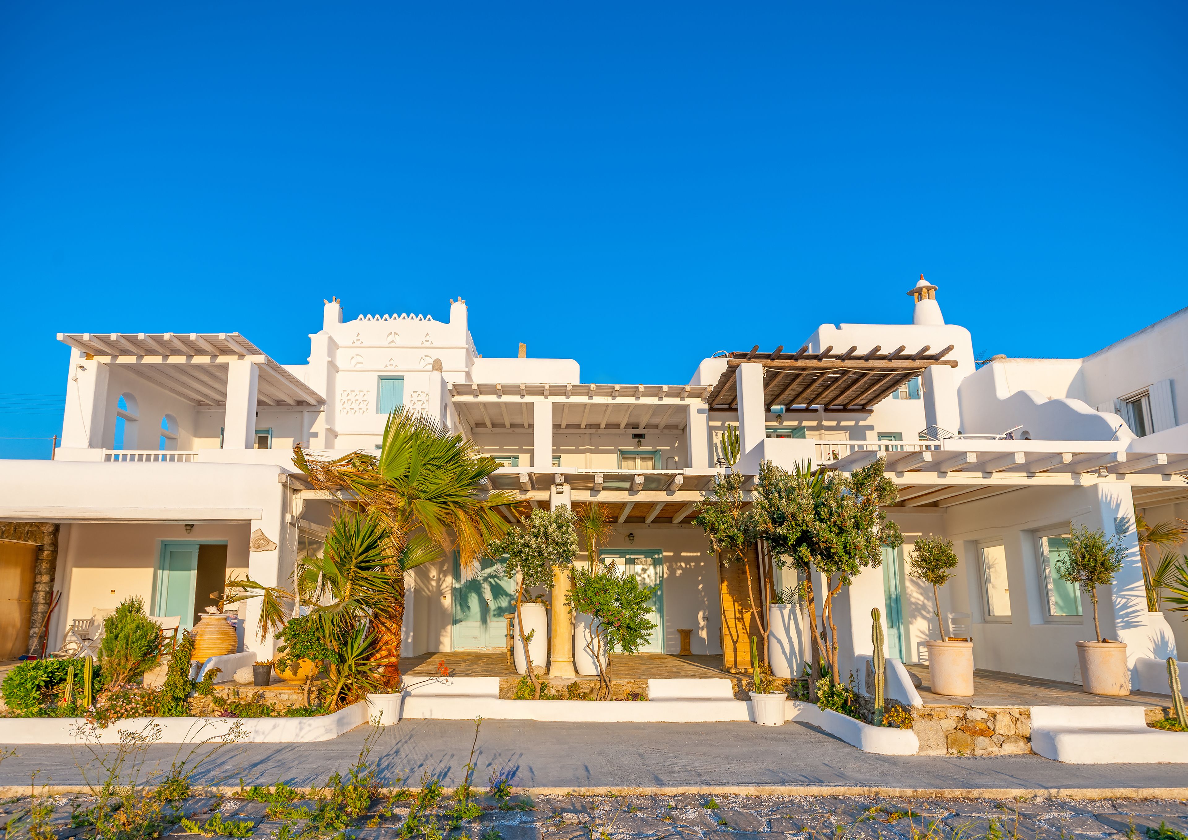 A white building with a balcony, palm trees, and cacti in the foreground.