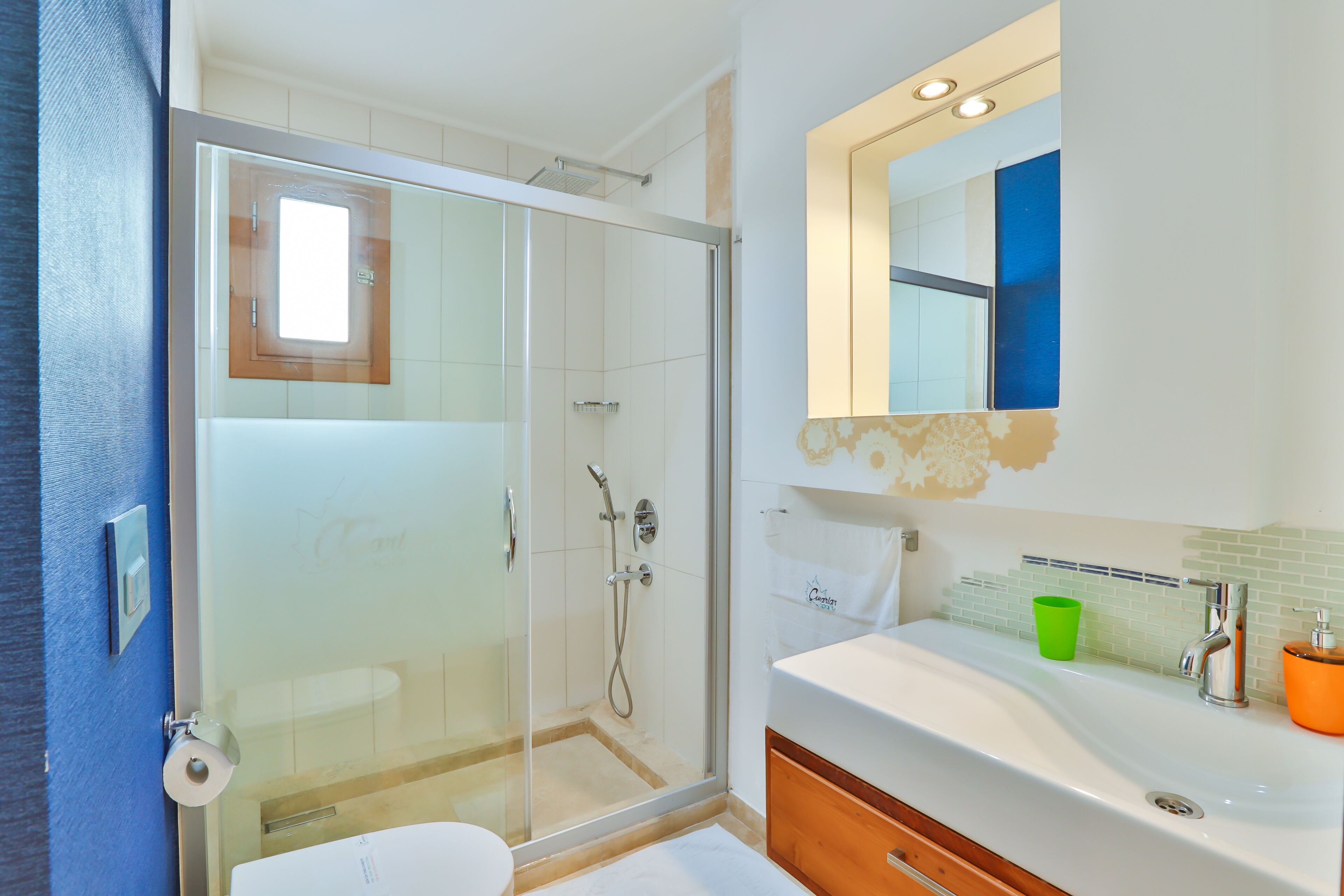 A modern bathroom with a glass-enclosed shower, a white sink, and a mirror above it.
