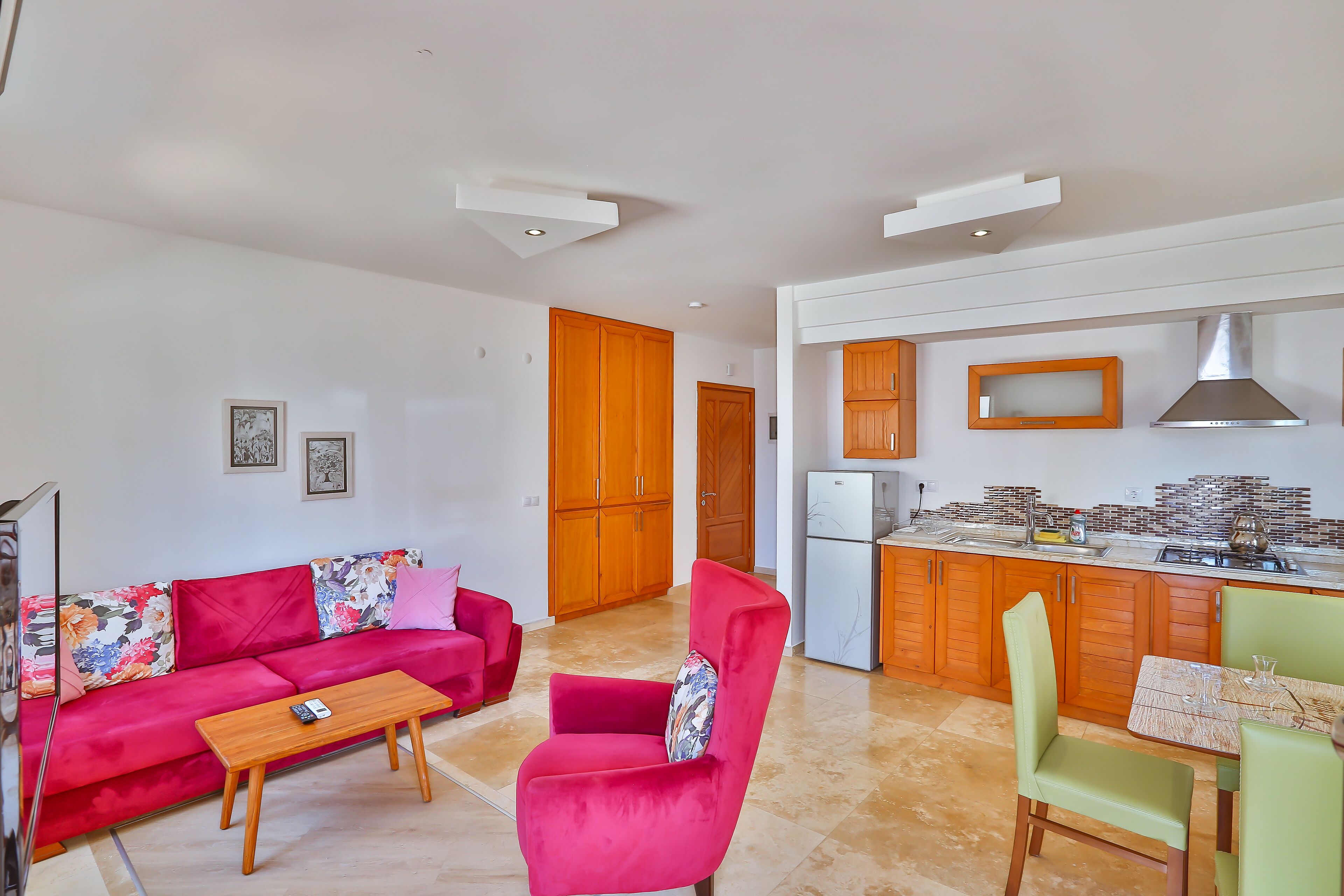 A modern apartment with a living area, a kitchen, and a dining space.