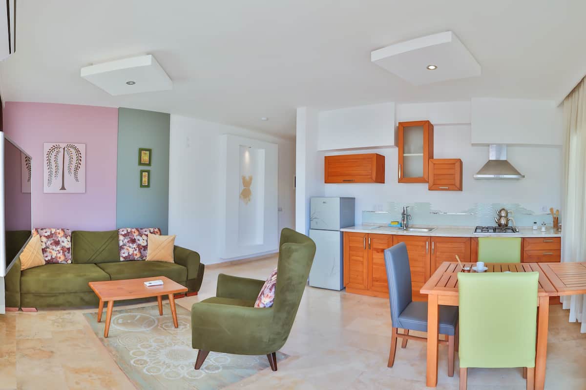 A modern living room with a sofa, armchair, and coffee table, a dining area with a table and chairs, and a kitchen with wooden cabinets and a stove.