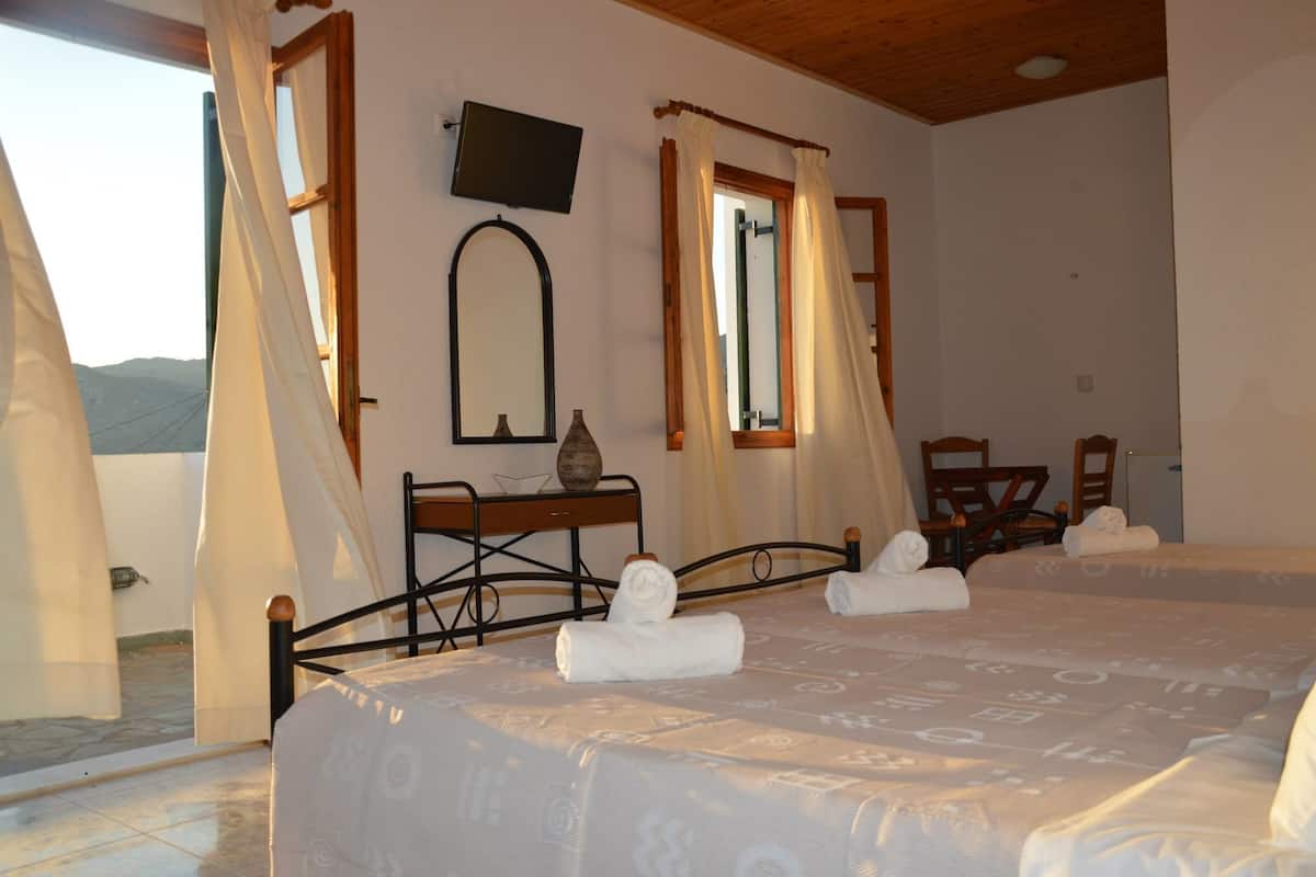 A hotel room with two beds, a TV, a desk with a vase, and a view of the mountains.