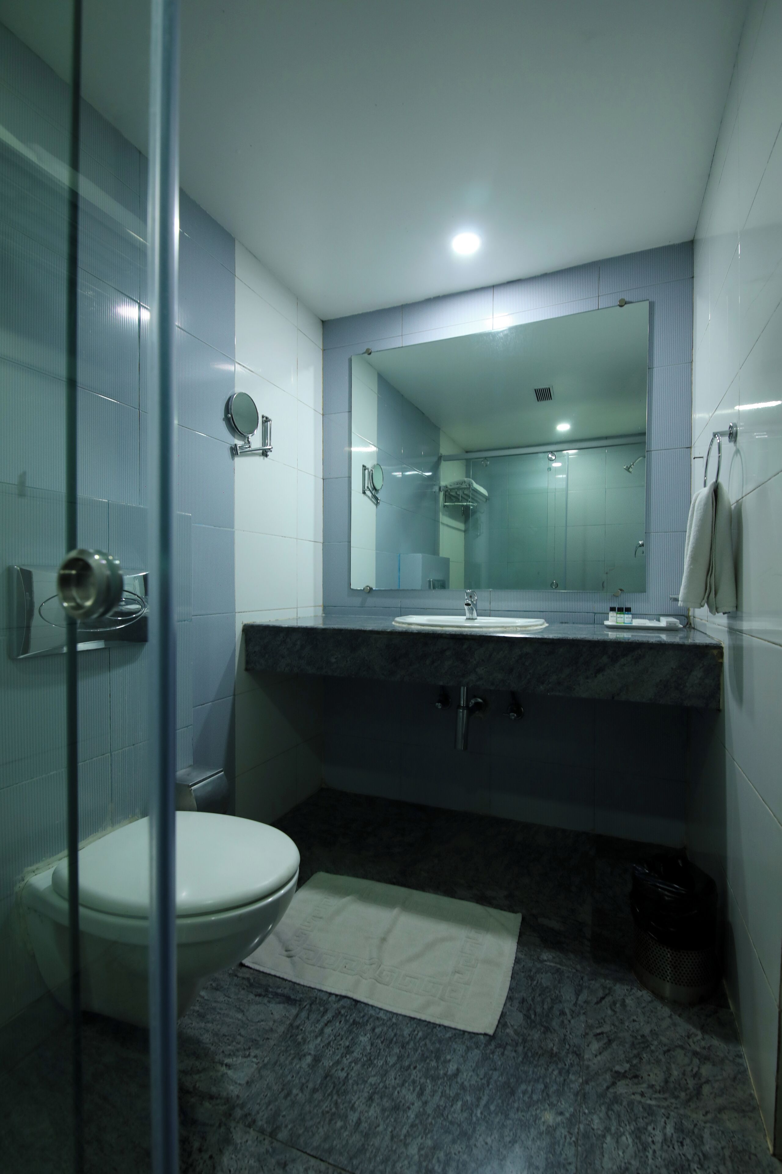 A modern bathroom with a glass shower enclosure, a white toilet, a marble sink, and a large mirror.