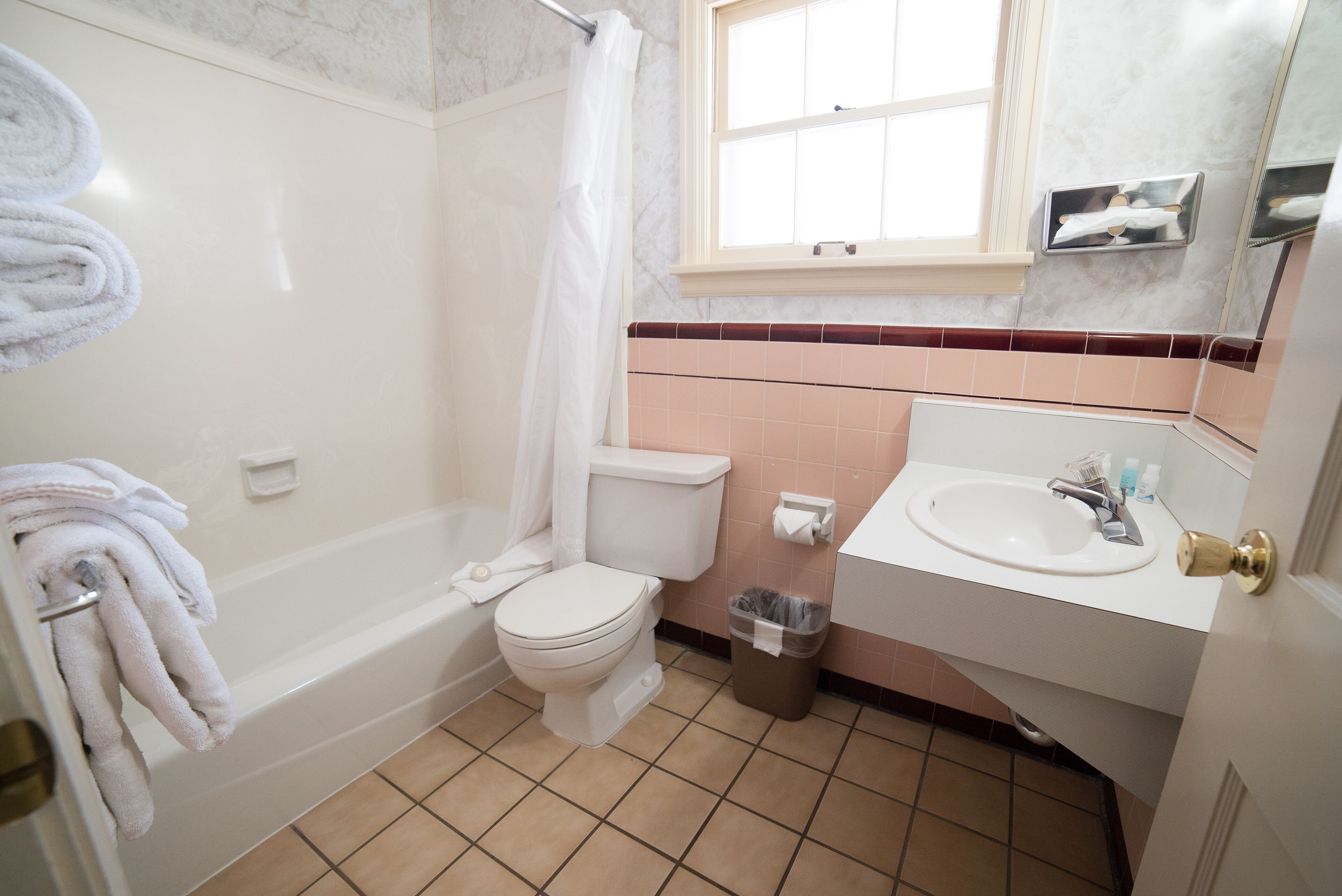 combined shower/bathtub, free toiletries, towels