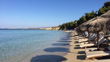 Beach nearby, white sand, sun-loungers, beach umbrellas
