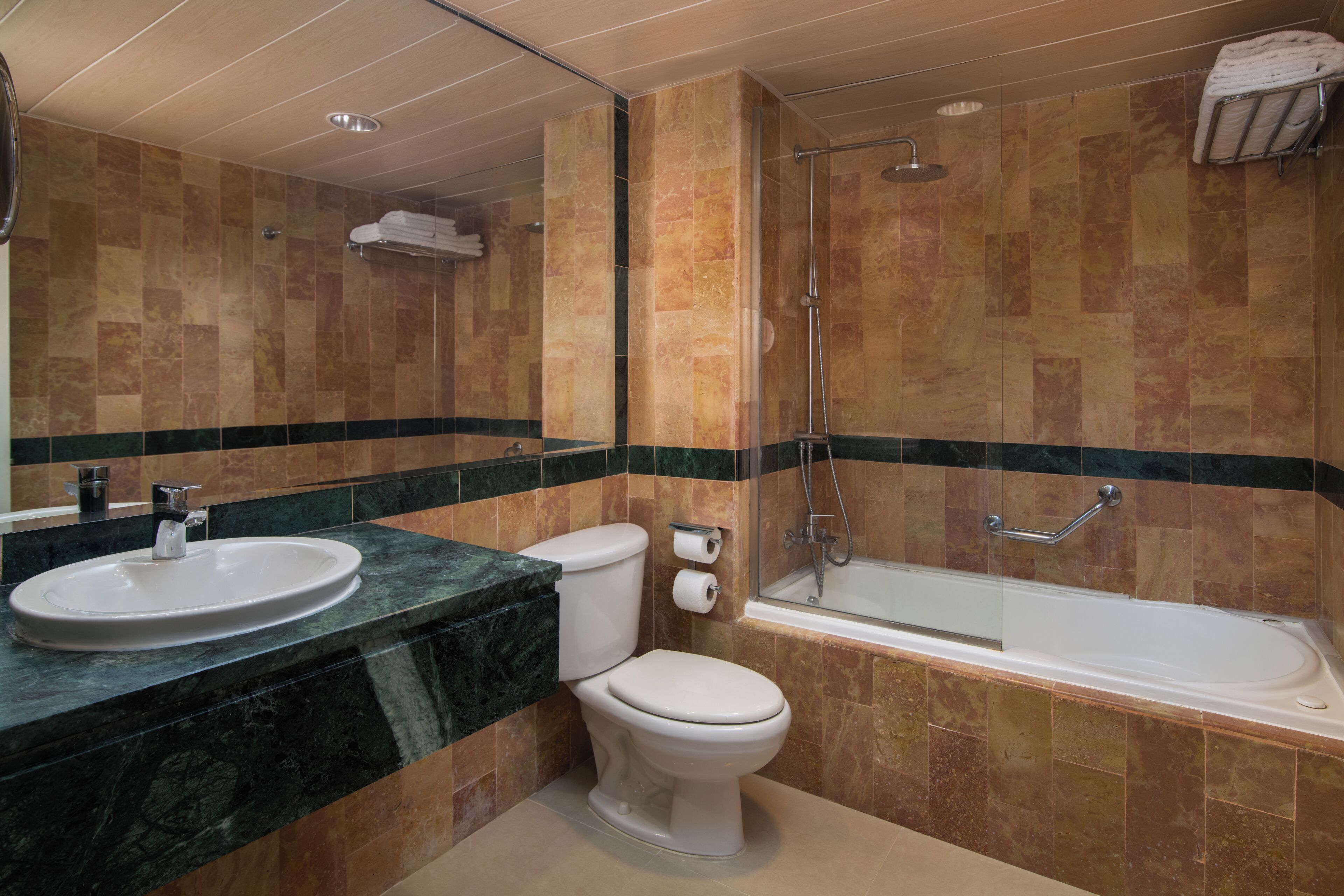 Un baño con lavamanos, inodoro y ducha.