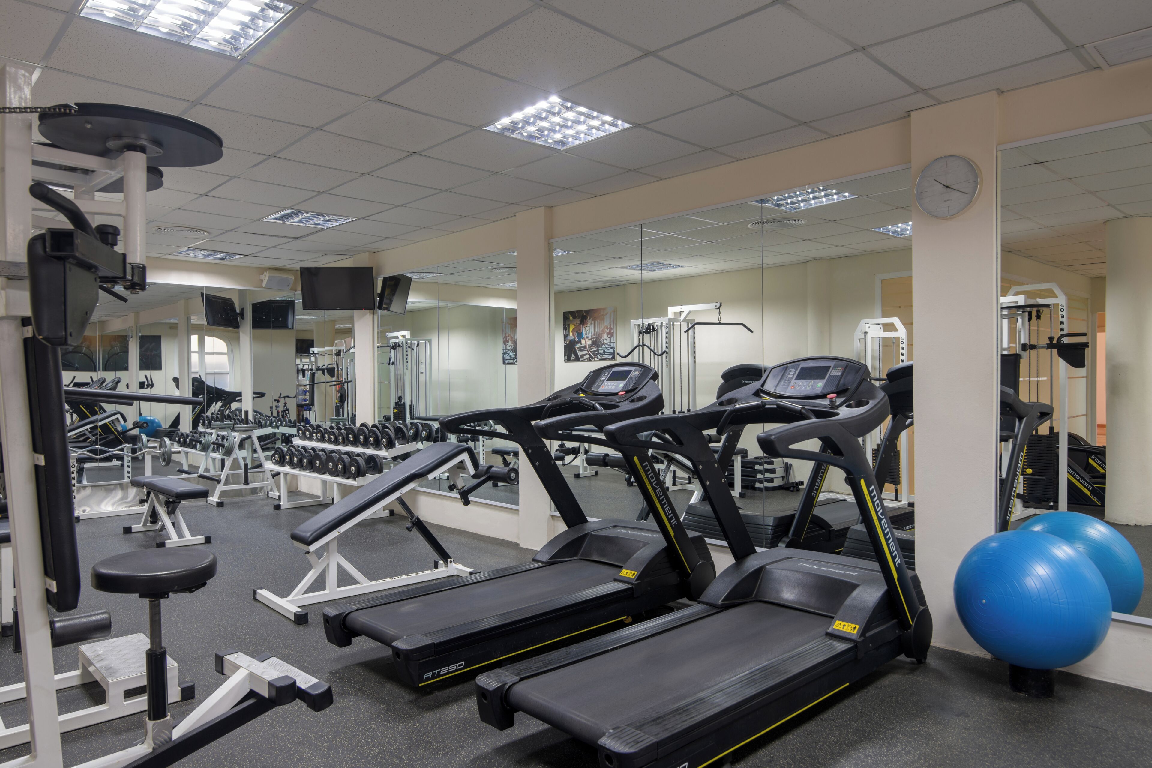 Ein Fitnessstudio mit Laufbändern, Krafttrainingsgeräten und Fitnessbällen.