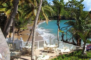 Restaurante à beira-mar com mesas ao ar livre, vista para o oceano, palmeiras e cerca branca.