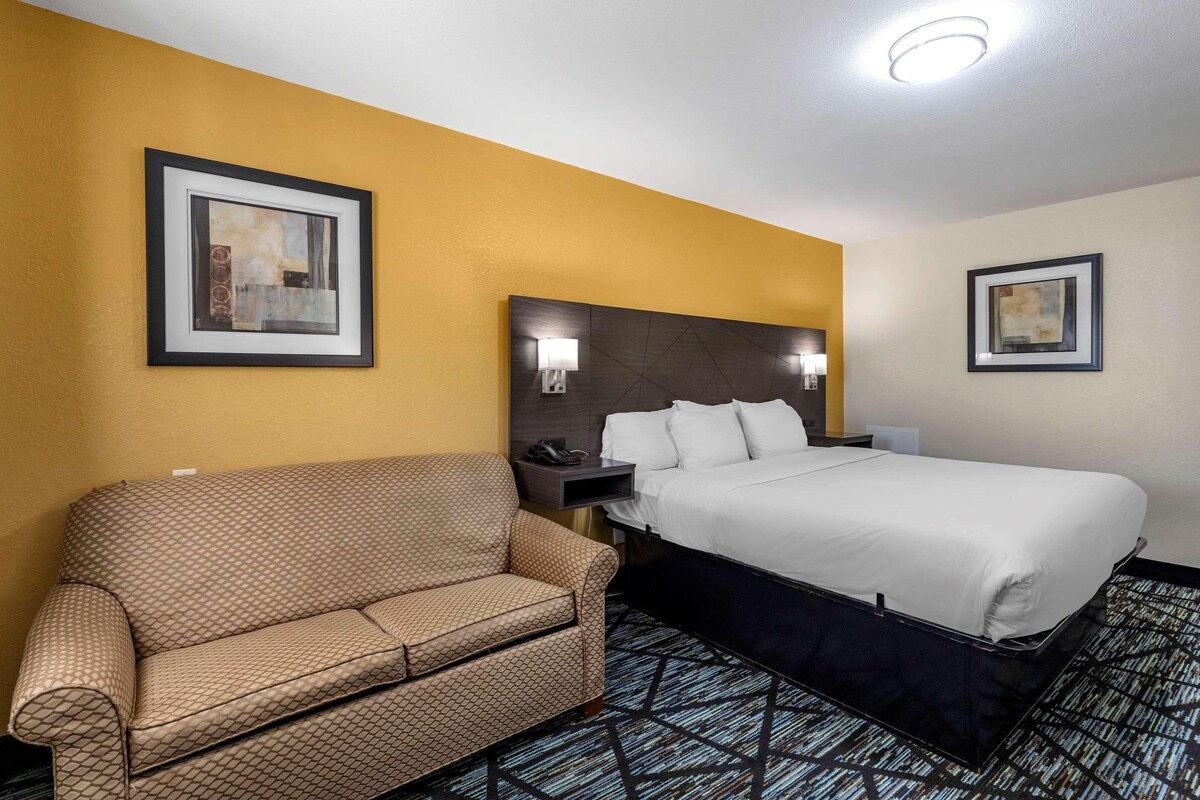 Habitación de hotel con cama, sofá y dos cuadros en las paredes.