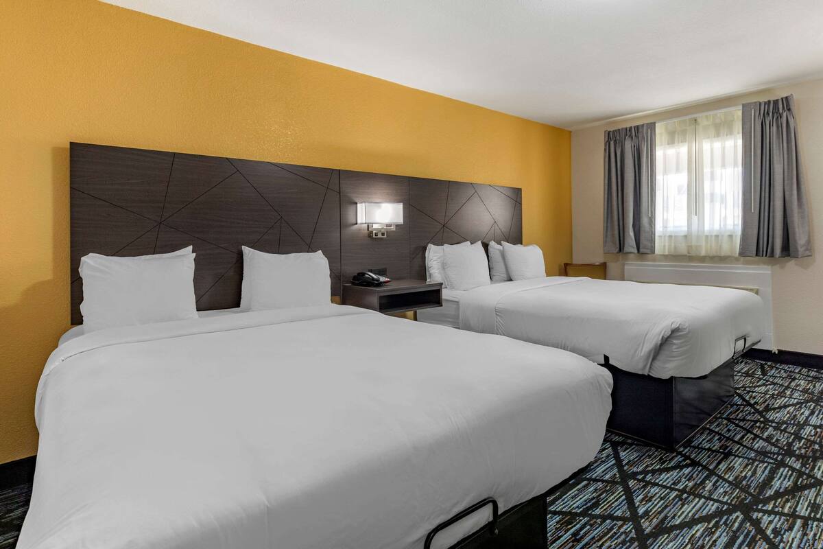 Quarto de hotel com duas camas, mesa de cabeceira, abajur e janela com cortinas.