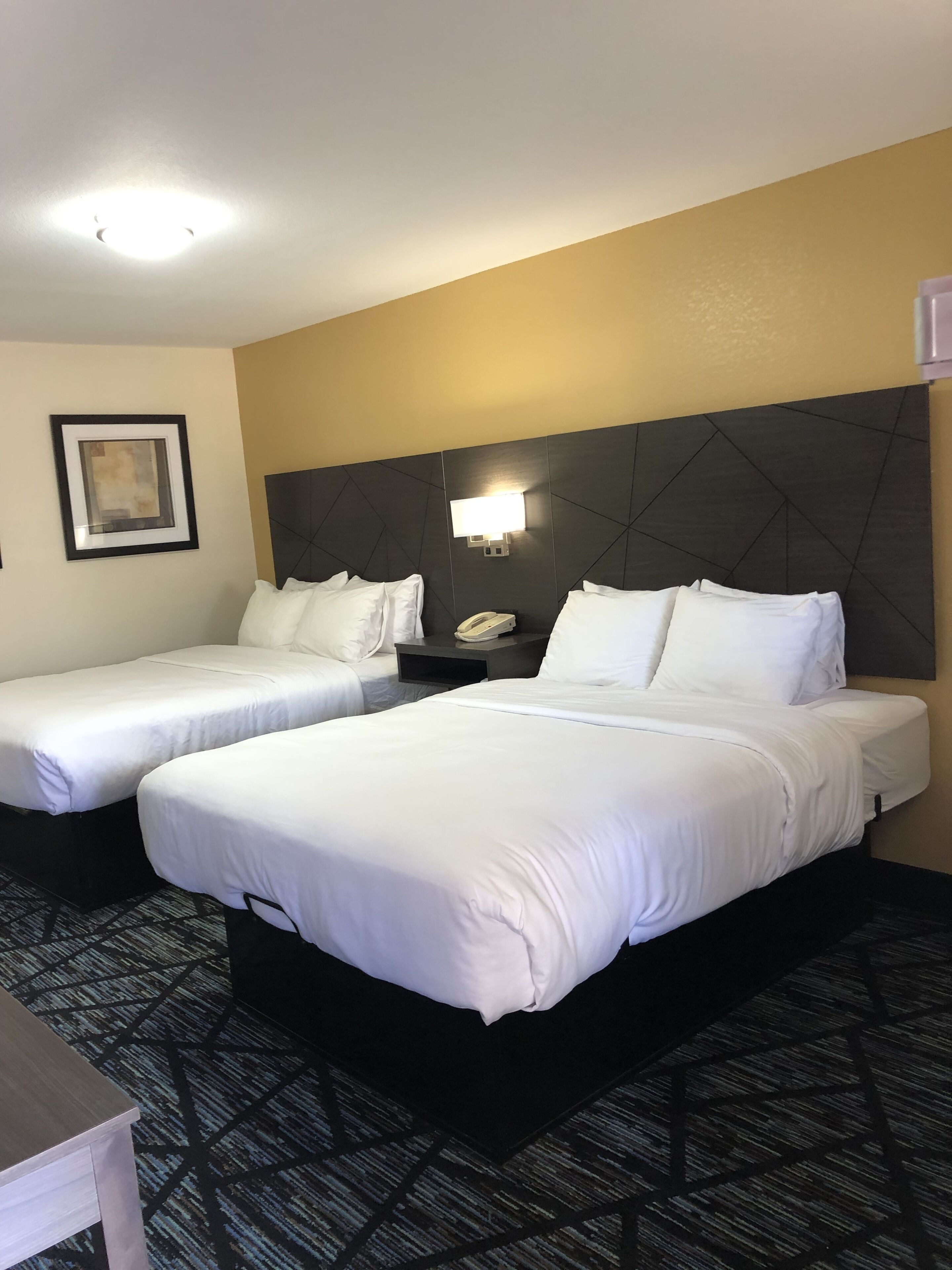 A hotel room with two single beds, a nightstand with a phone, a framed picture on the wall, and a patterned carpet.