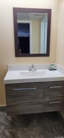 Room, 2 Double Beds | Bathroom | Combined shower/tub, towels, soap, shampoo