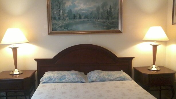 A bed with a floral bedspread, two bedside lamps, and a painting of a forest scene on the wall. - Hiland Terrace Hotel (Irwin)
