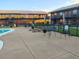Seasonal outdoor pool, sun loungers