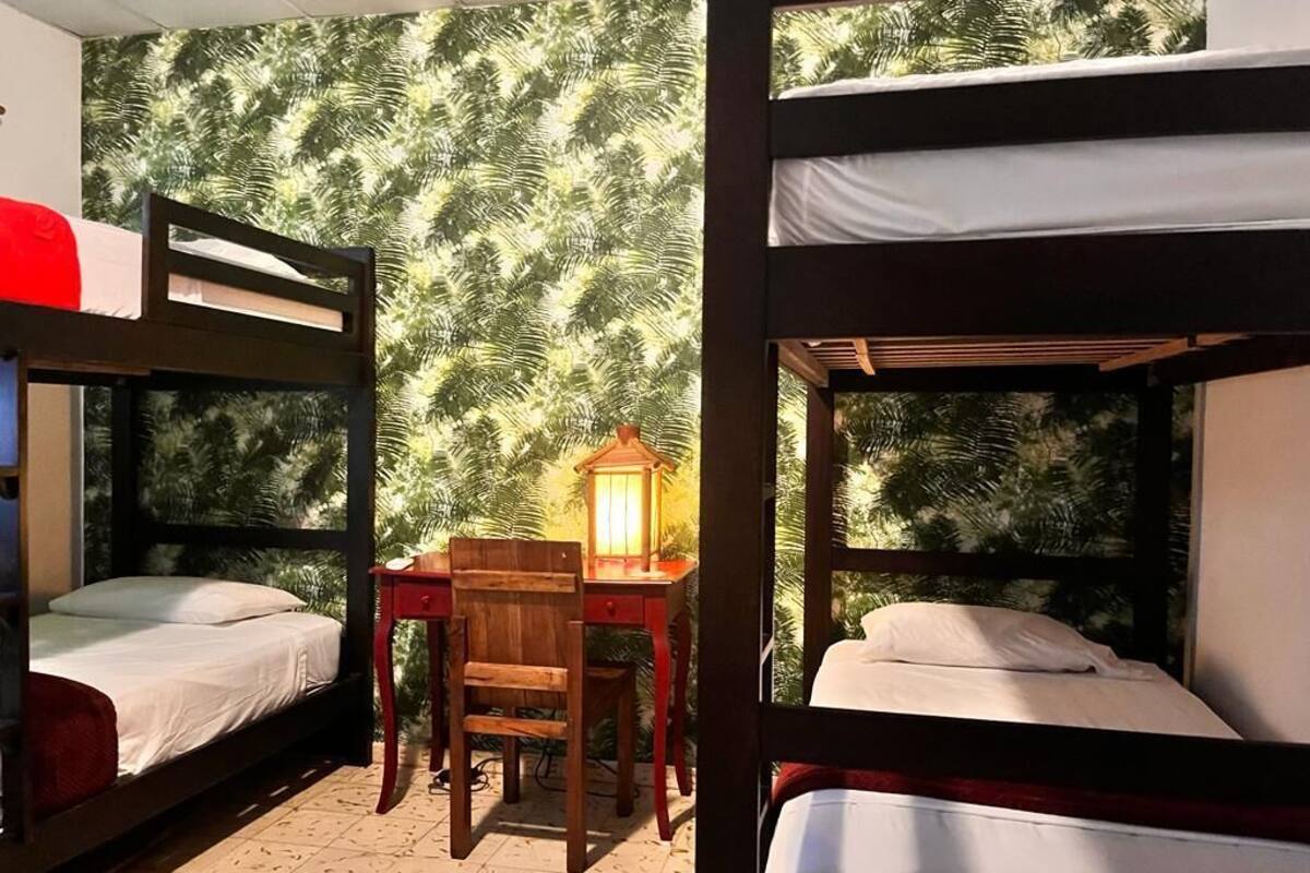 Een kamer met stapelbedden, een bureau en een stoel.