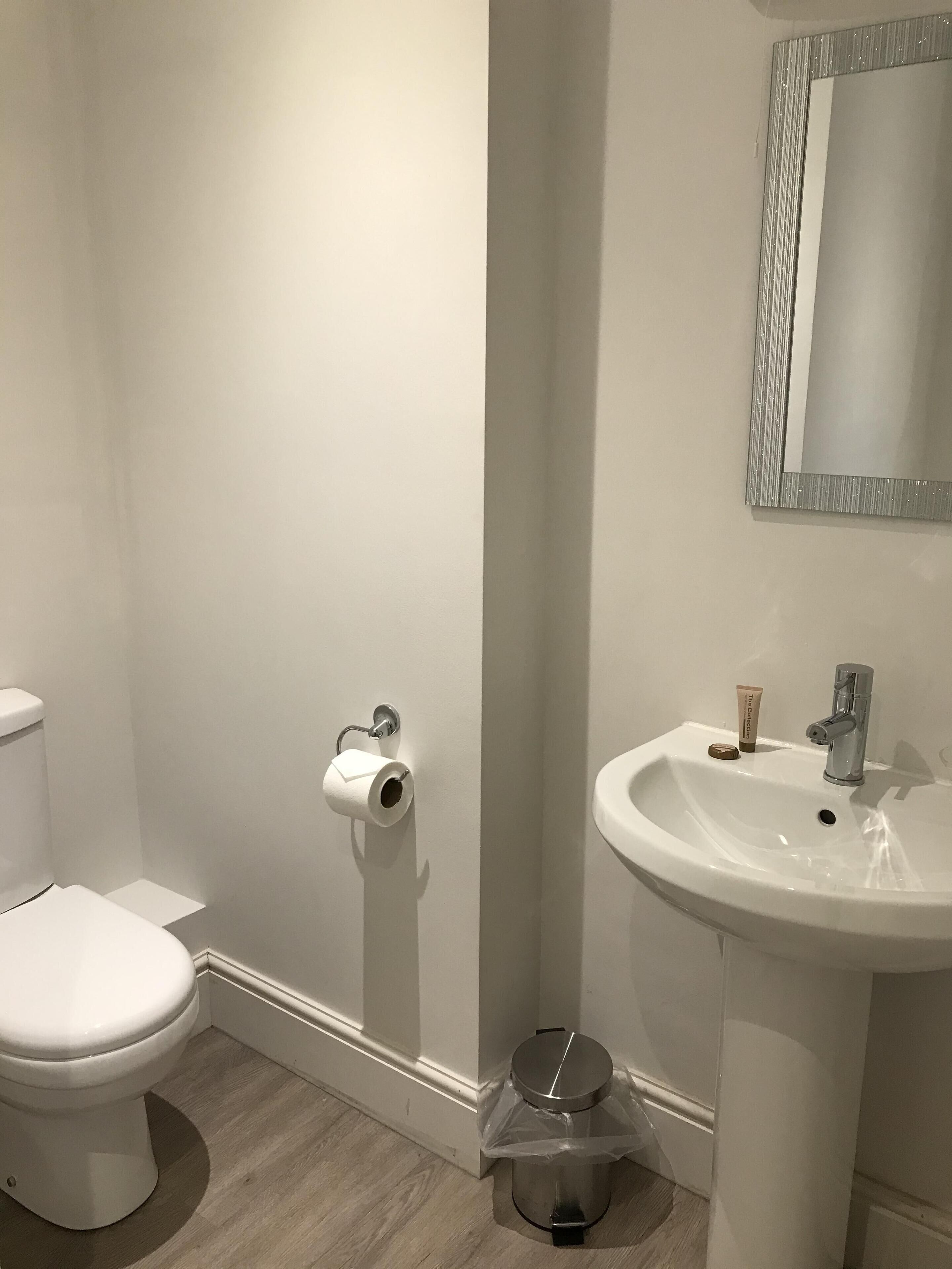 Un baño con inodoro, lavamanos, espejo y cubo de basura.