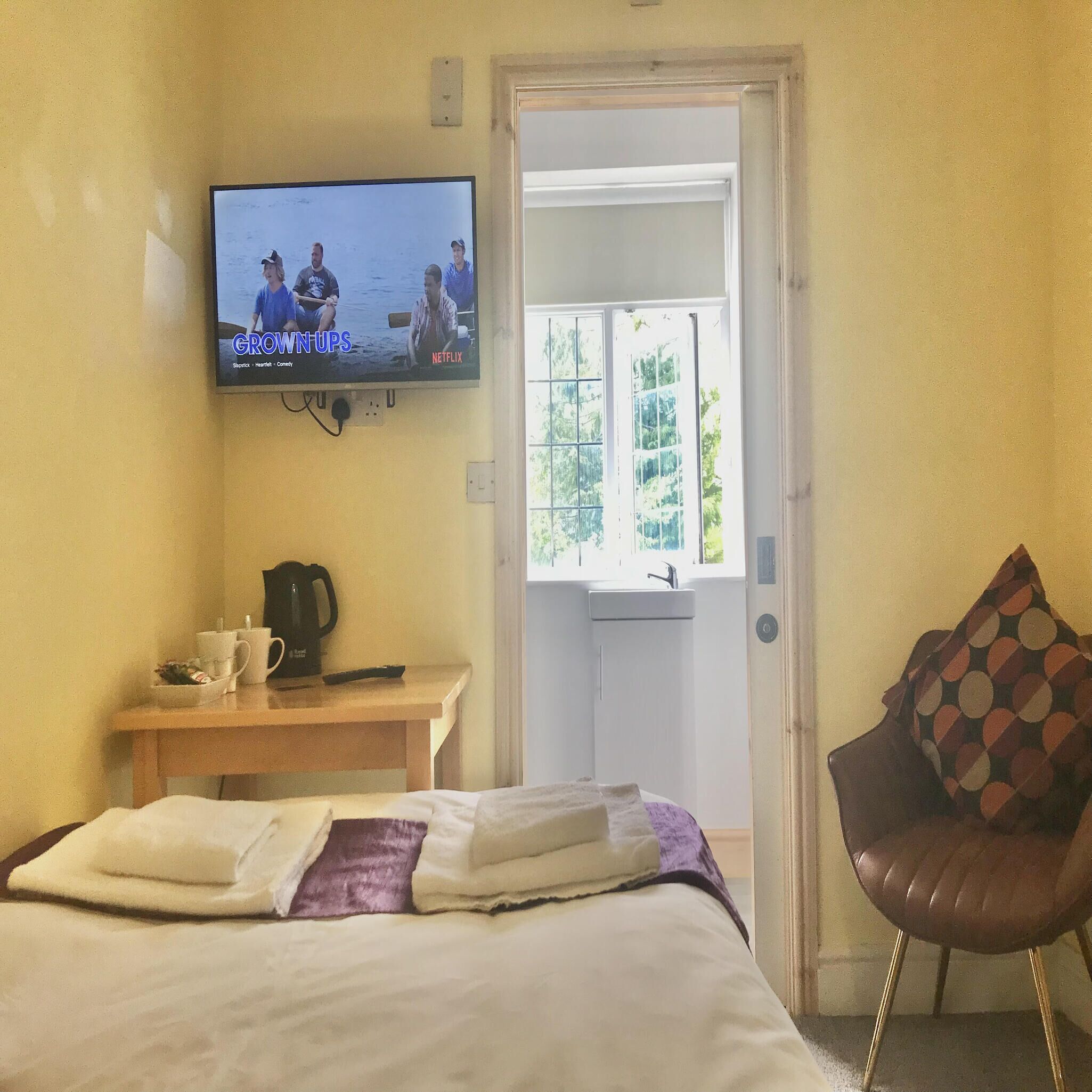 Camera d'albergo con un letto, una scrivania con una macchina per caffè, una televisione a parete, una sedia e una finestra con vista sul verde.