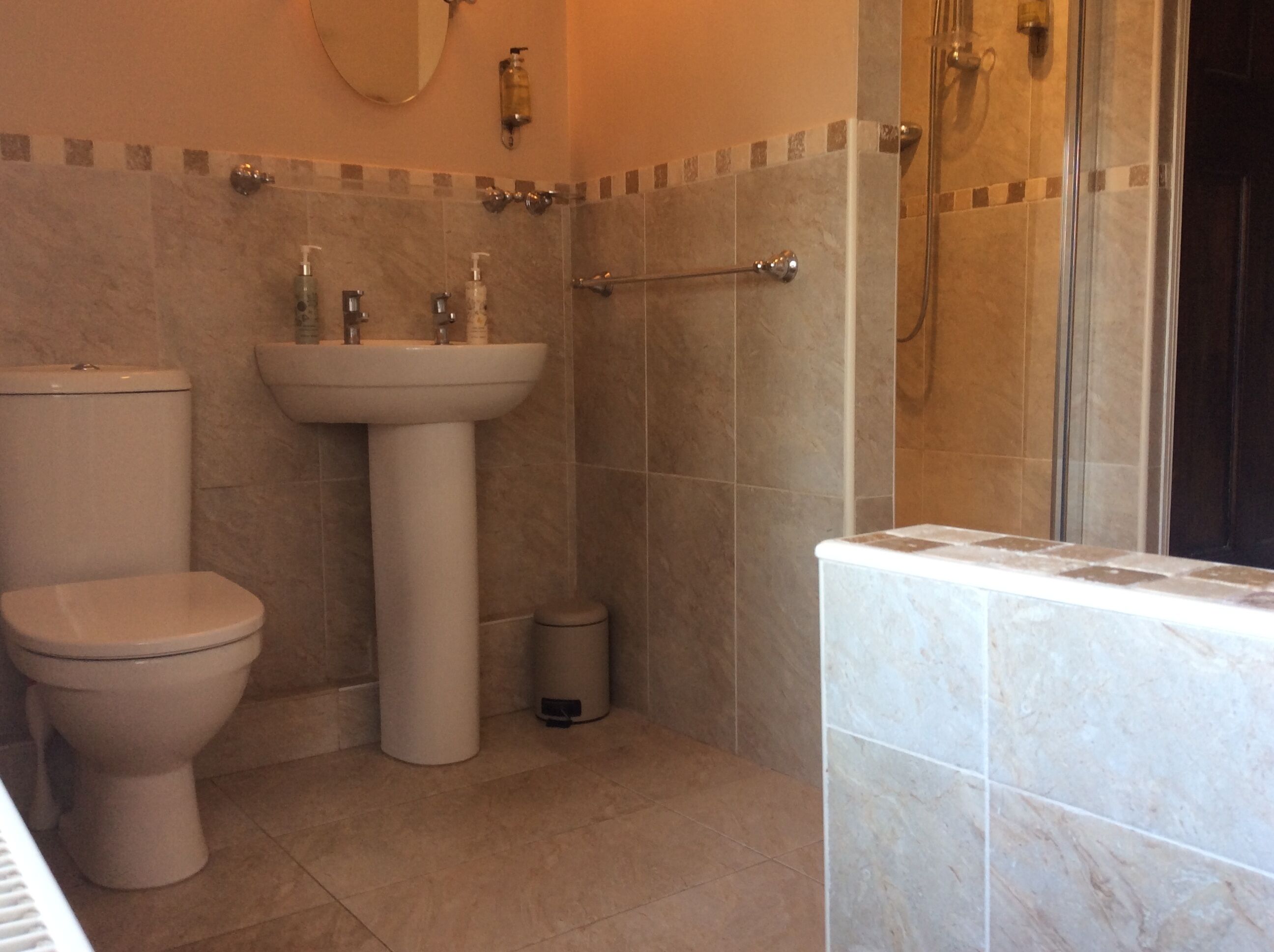 A bathroom with a toilet, sink, and shower area.