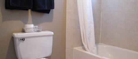 A bathroom with a toilet, a bathtub, and a shower curtain.