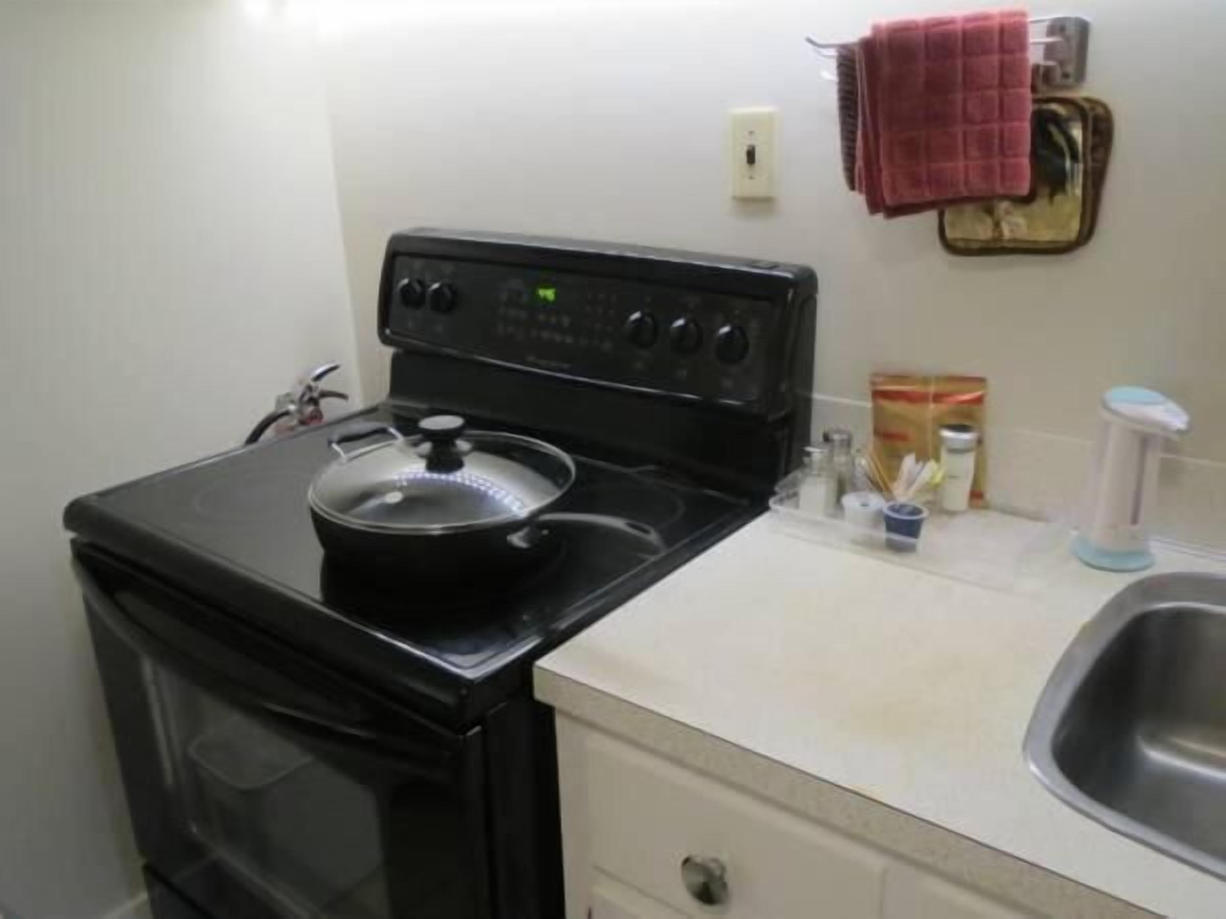 A compact kitchen with a black stove, a white countertop, and a stainless steel sink.