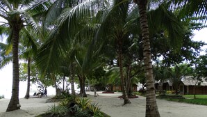 Un resort tropical con palmeras, una playa de arena y edificios con techo de paja.