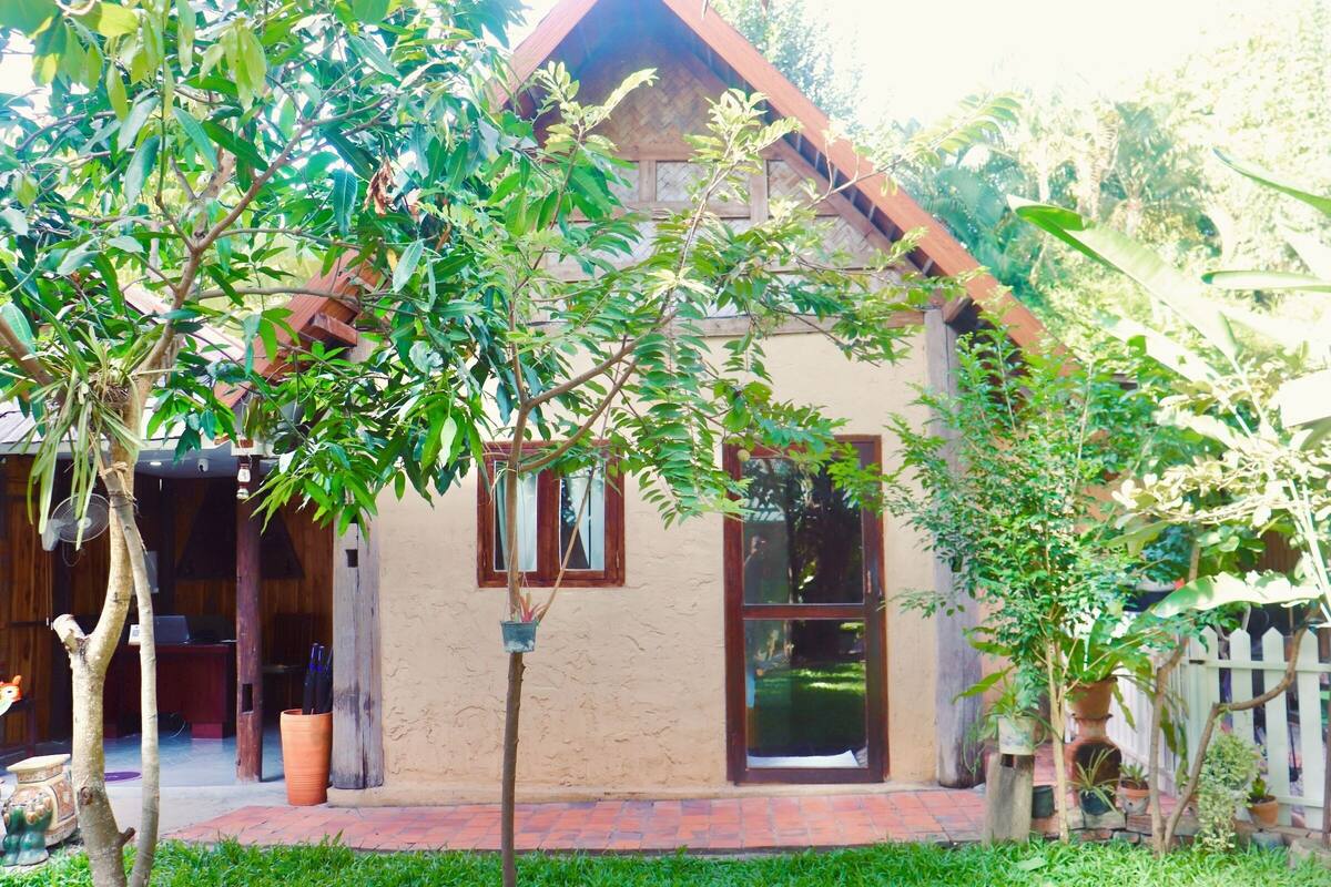 A rustic house with a brick pathway leading to the entrance, surrounded by lush greenery and potted plants.