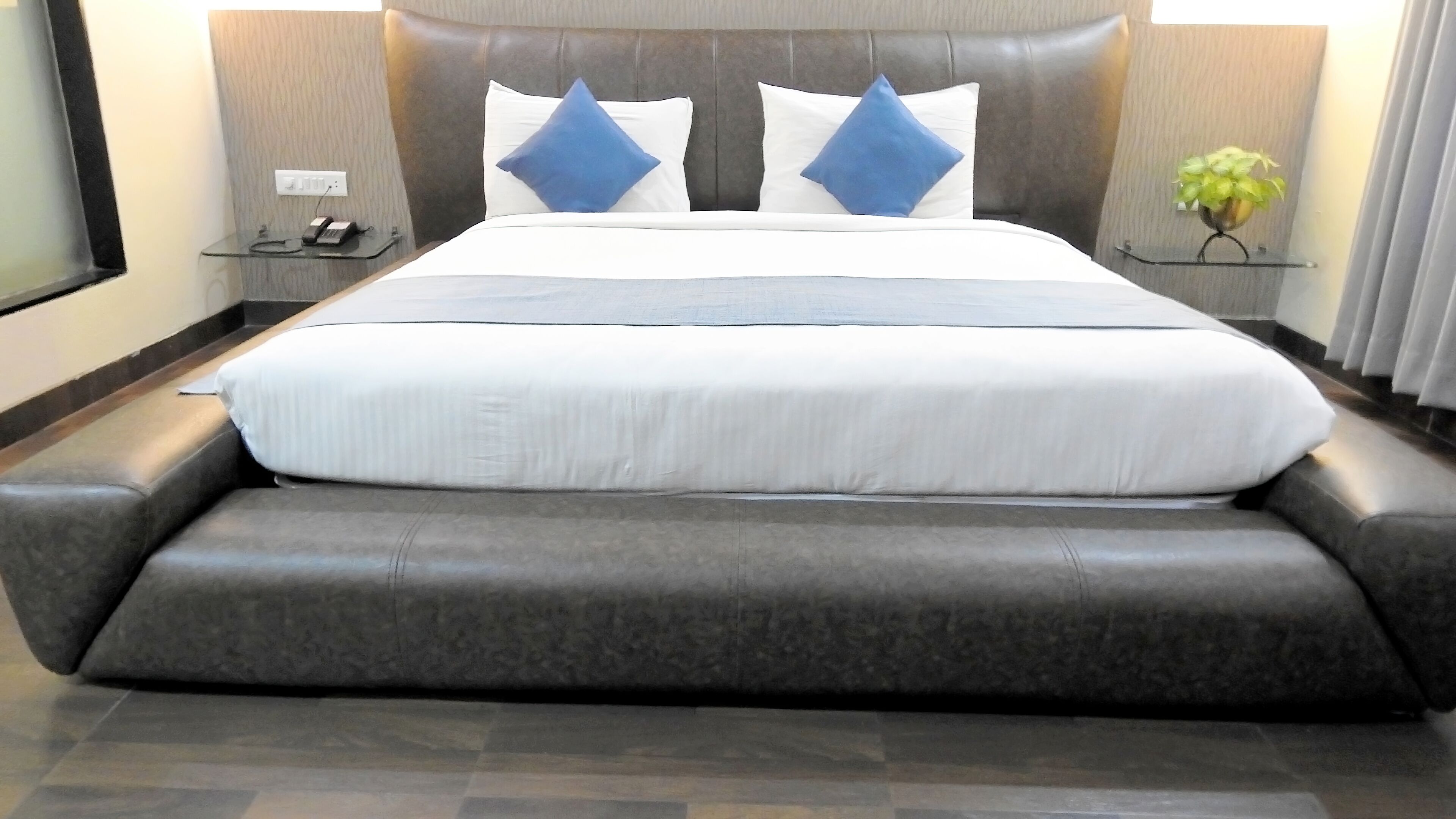 A modern hotel room with a large bed, a small bedside table, a nightstand, and a potted plant.