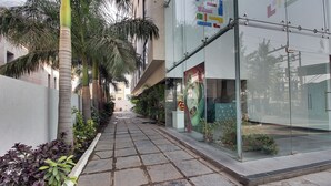 Un camino bordeado de palmeras y plantas en macetas, que conduce a un edificio moderno con puertas de vidrio y un cartel visible.