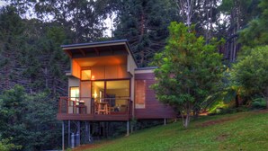 Ein modernes Ferienhäuschen mit Balkon, umgeben von dichtem Wald.