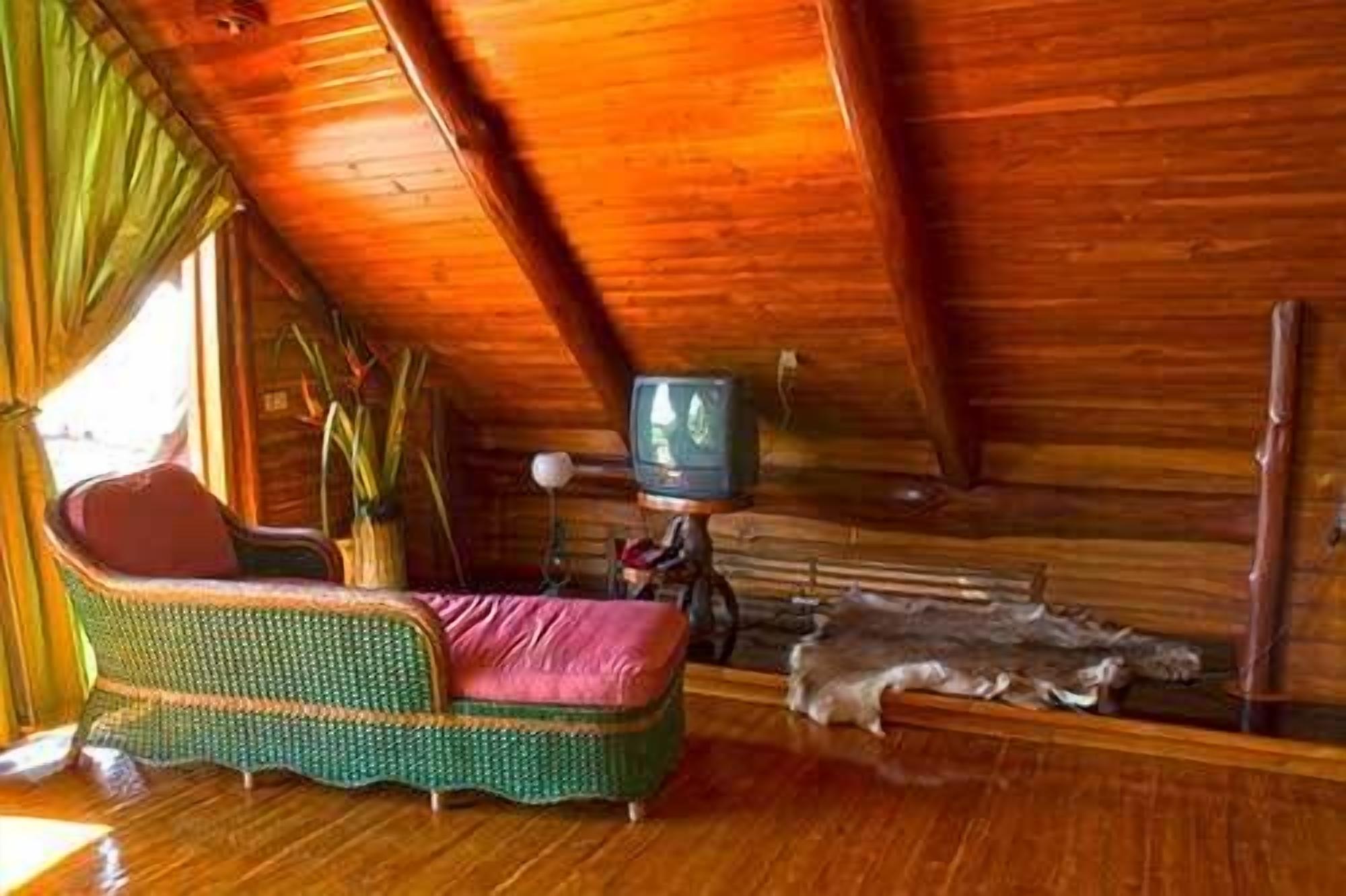 A cozy room with a wooden ceiling, a woven sofa, a television, and a fur rug on the floor.