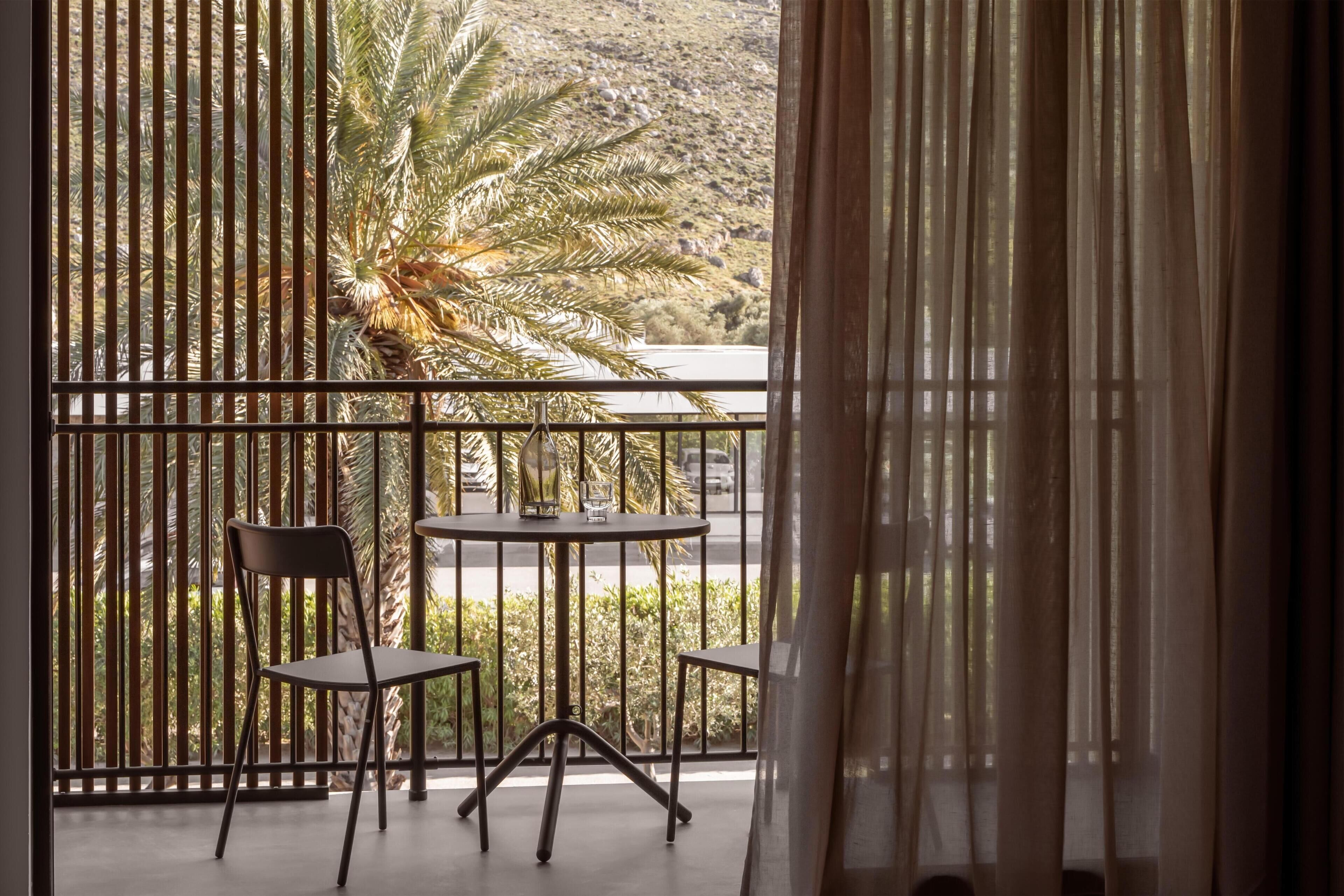 A balcony with a palm tree, two chairs, and a table.