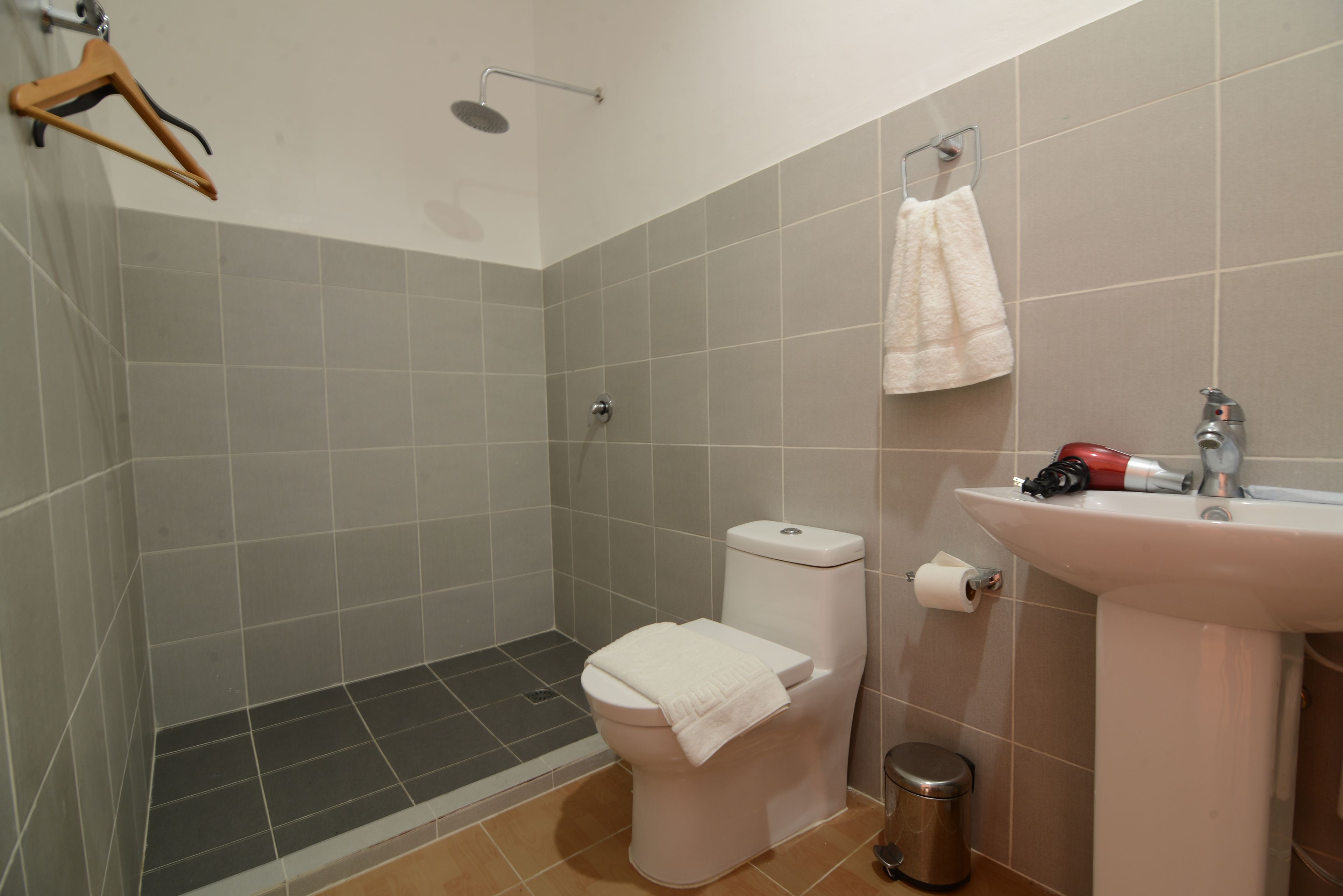 shower, rainfall showerhead, free toiletries, hair dryer