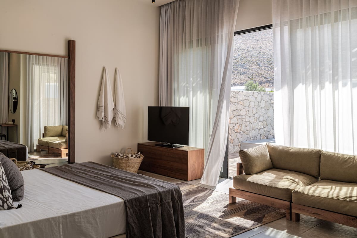 A bedroom with a bed, a sofa, a TV, and a stone wall.