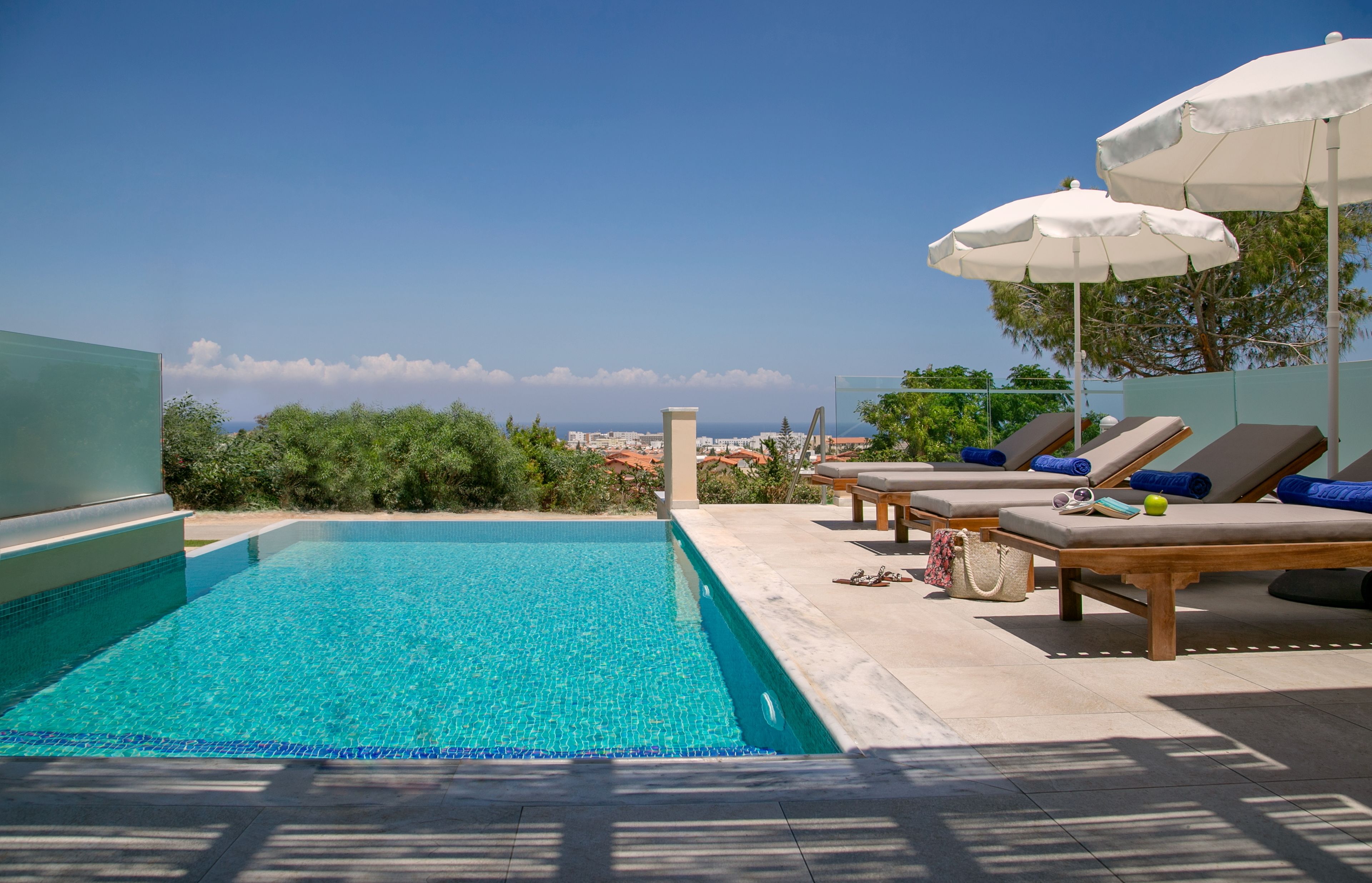 A rooftop swimming pool with lounge chairs and umbrellas, offering a view of the cityscape.