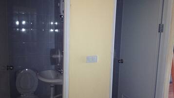 A bathroom with a toilet, sink, and shower area.