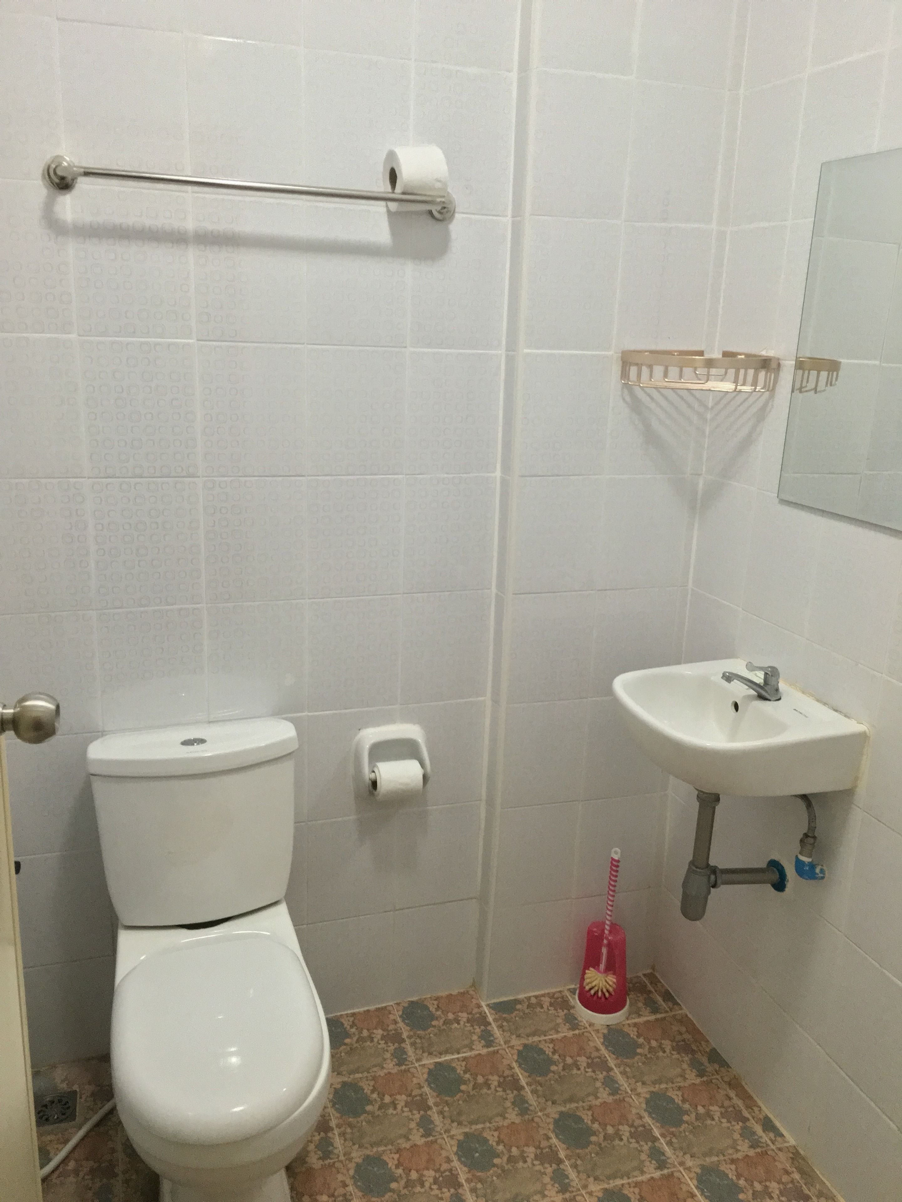 A small bathroom with a toilet, a sink, and a shower area.