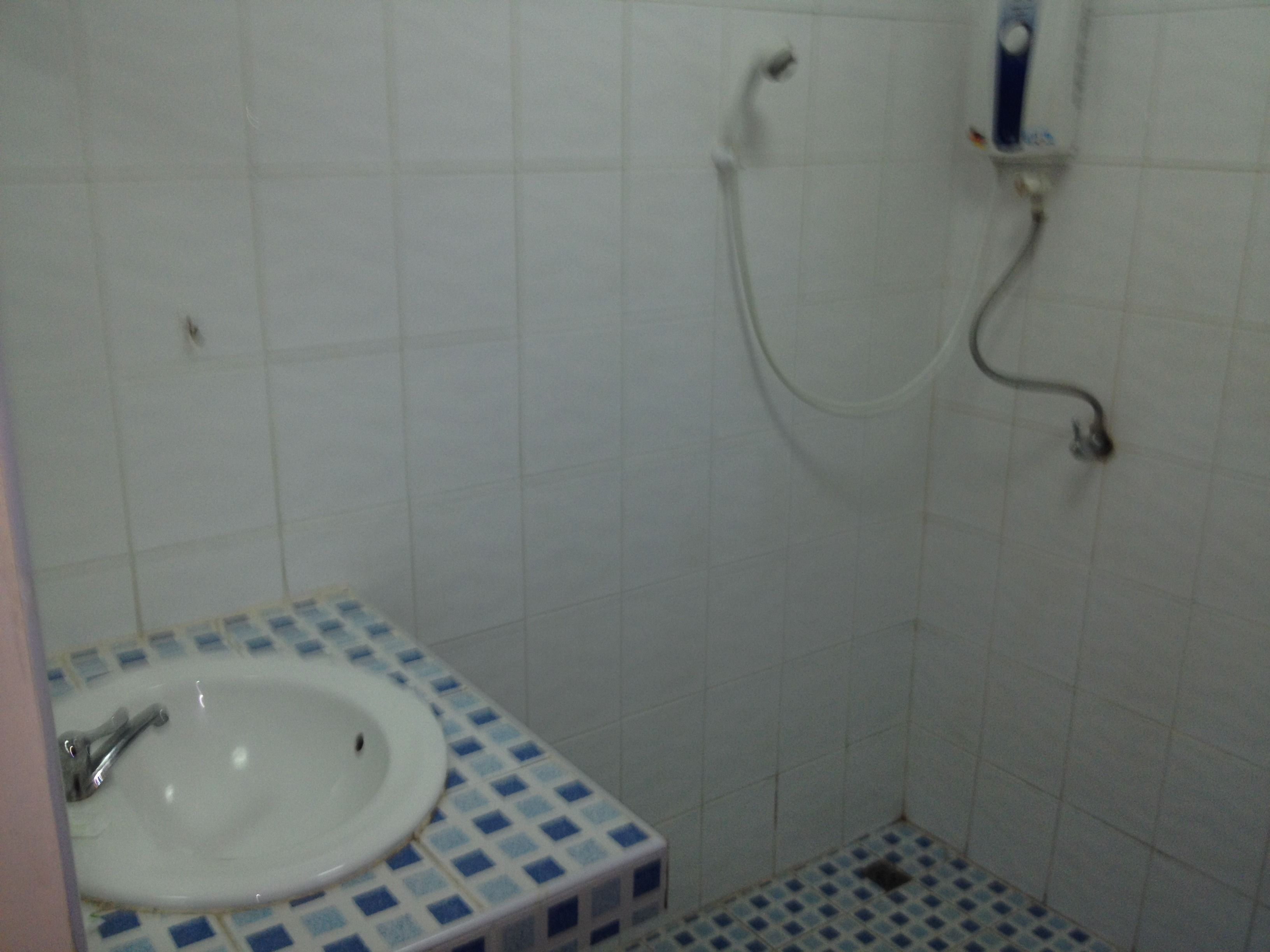 A bathroom with a white sink, a shower, and tiled walls.