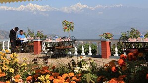 An outdoor seating area with a table and chairs, a small plant, and a view of mountains in the background.