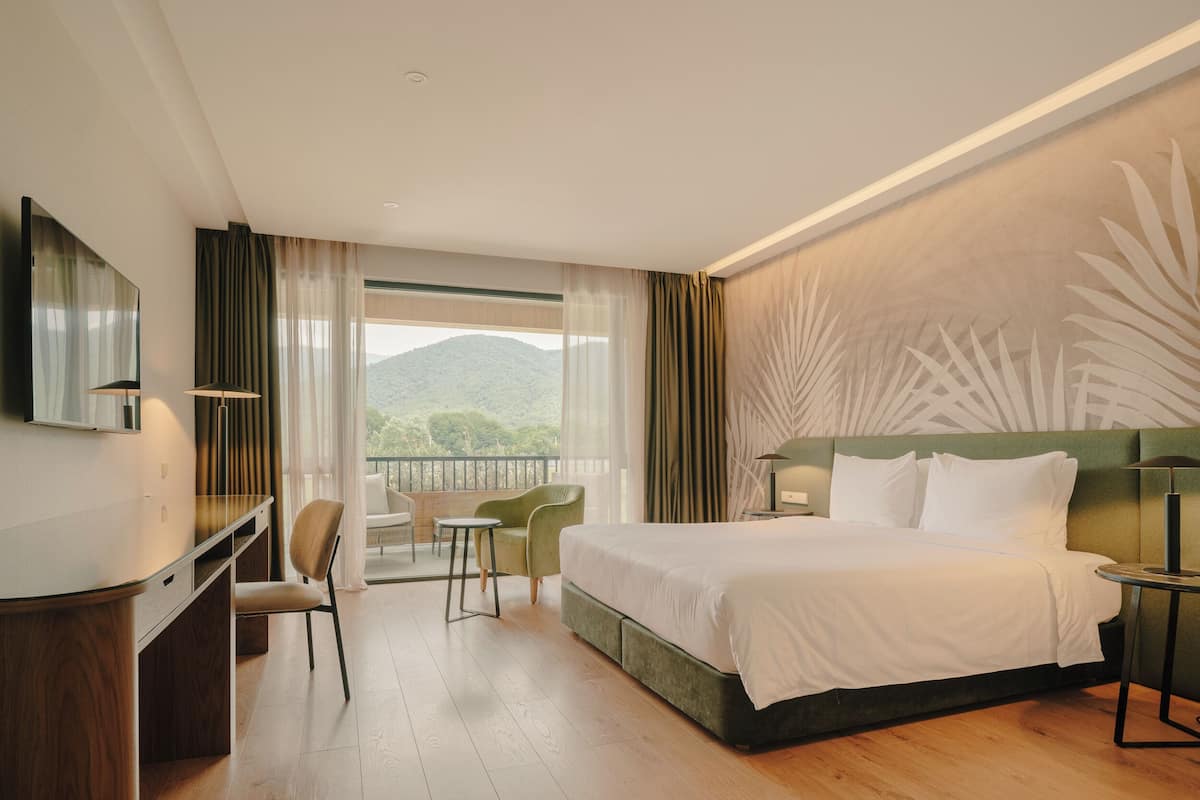 A hotel room with a bed, a desk, a chair, a TV, and a balcony with a view of the mountains.