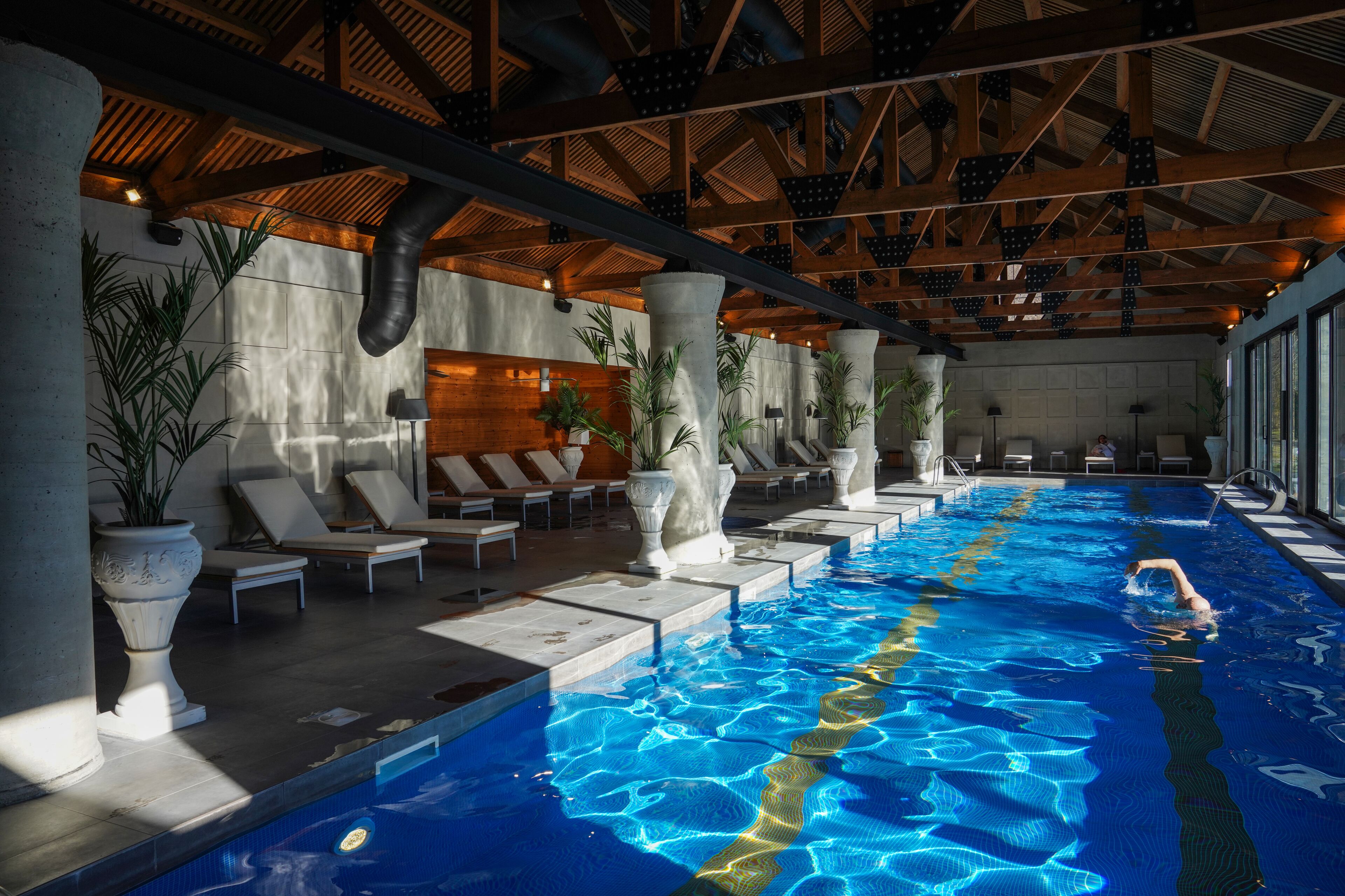 indoor pool, seasonal outdoor pool, pool loungers