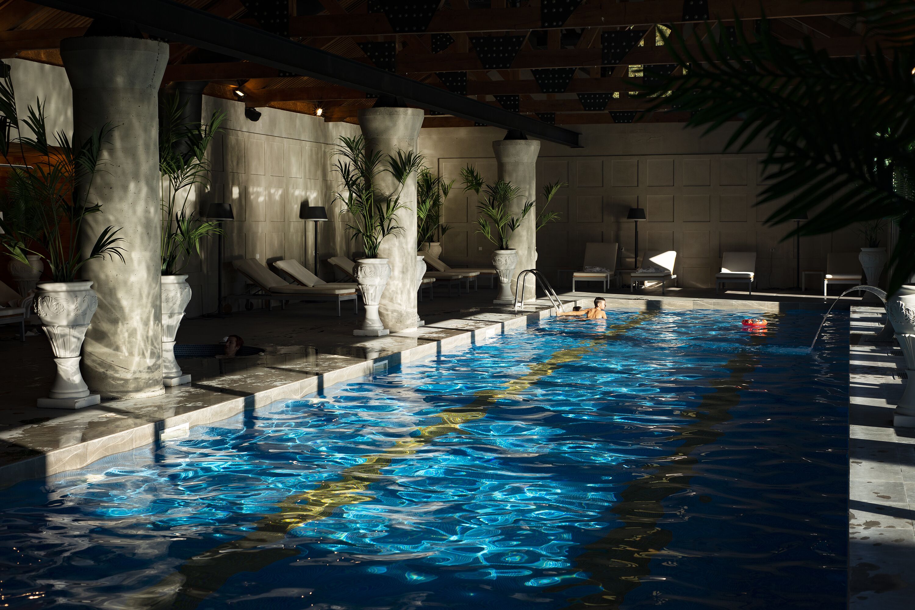 indoor pool, seasonal outdoor pool, pool loungers