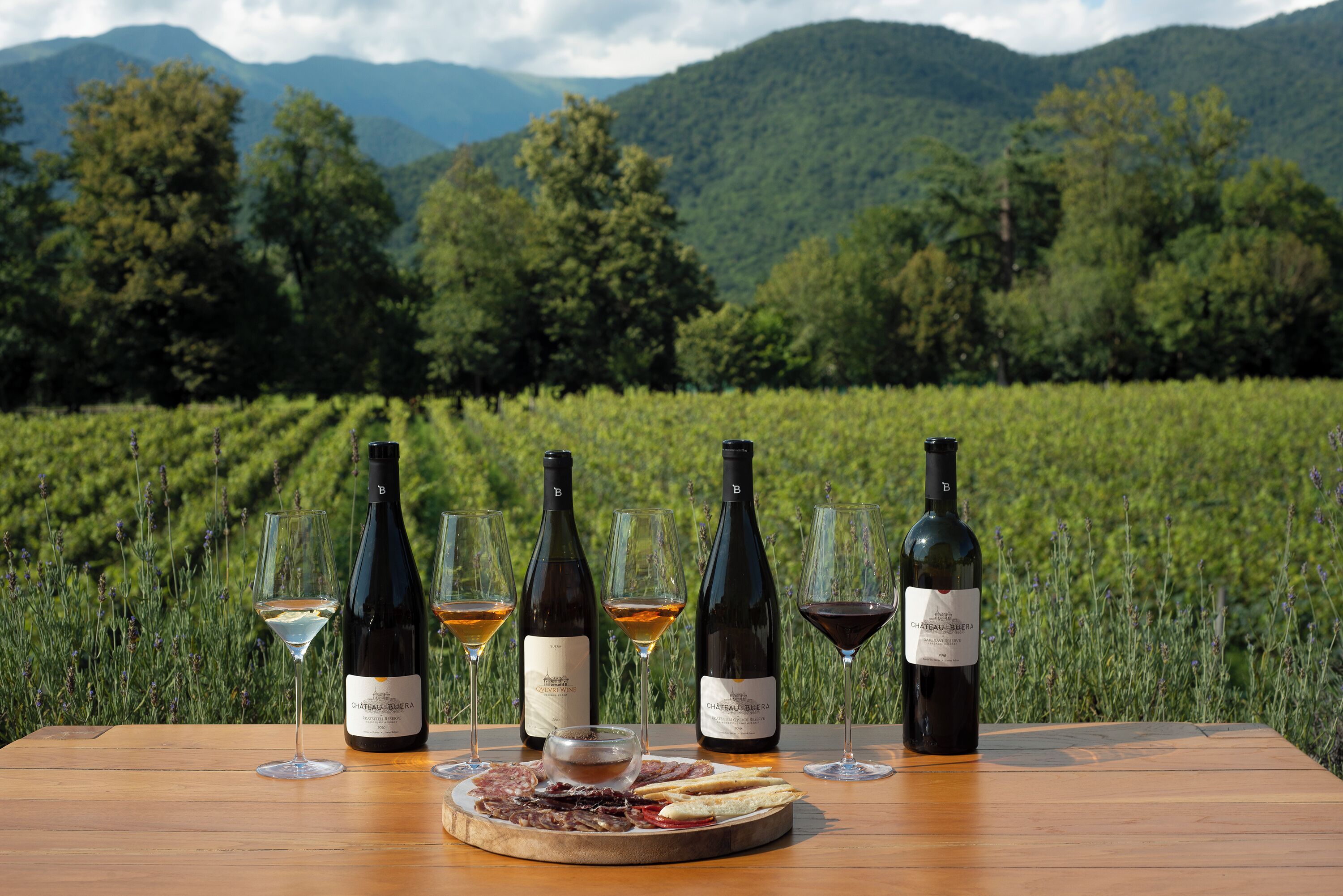 Une table avec des bouteilles de vin et des verres, une assiette de nourriture et un paysage de vignoble en arrière-plan.