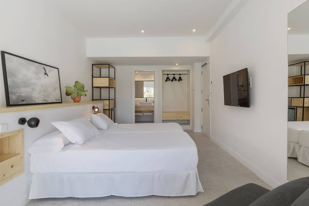 A modern bedroom with a large bed, a TV, a plant, and a walk-in closet.