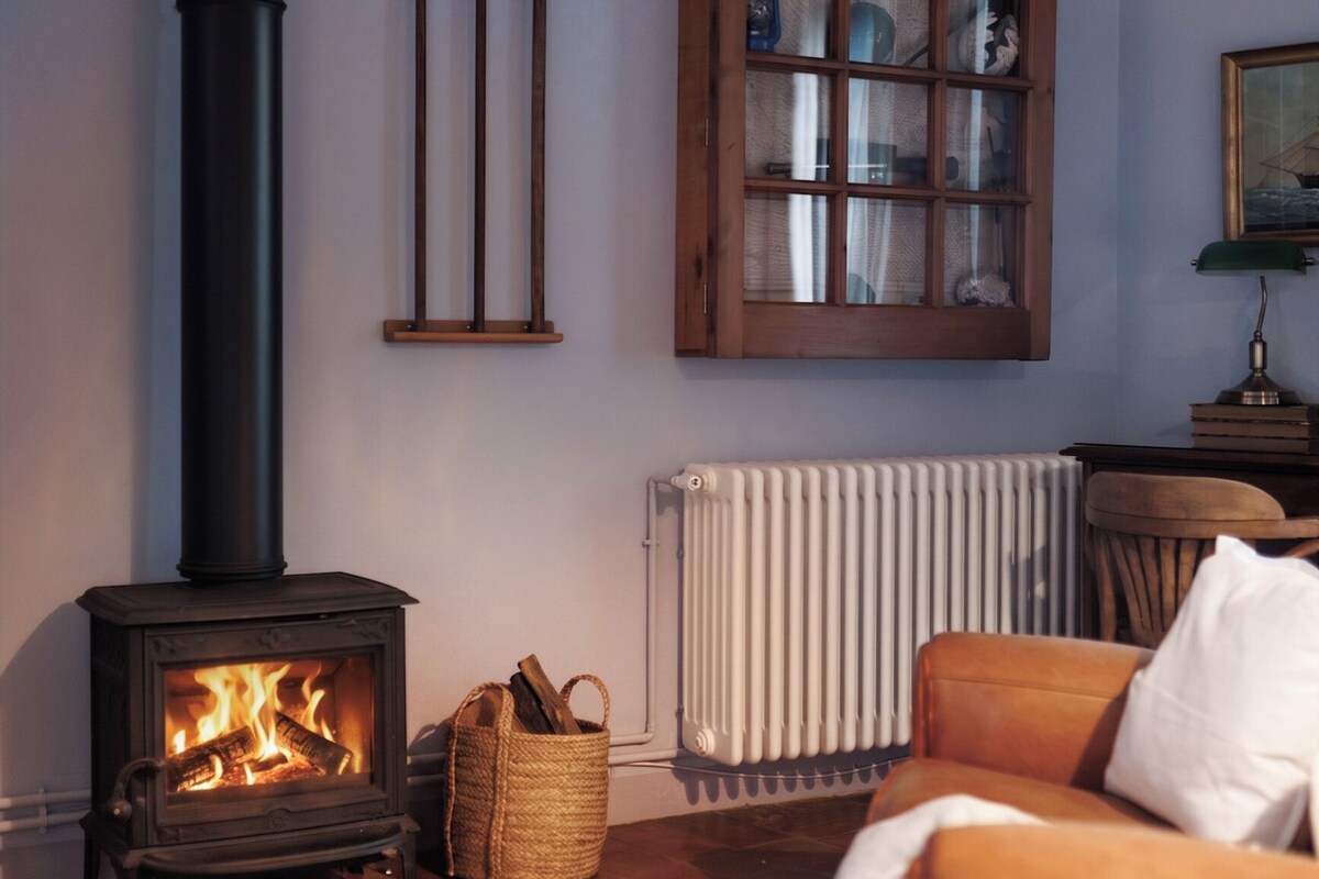 A cozy room with a wood-burning stove, a wooden cabinet, a radiator, and a leather sofa.