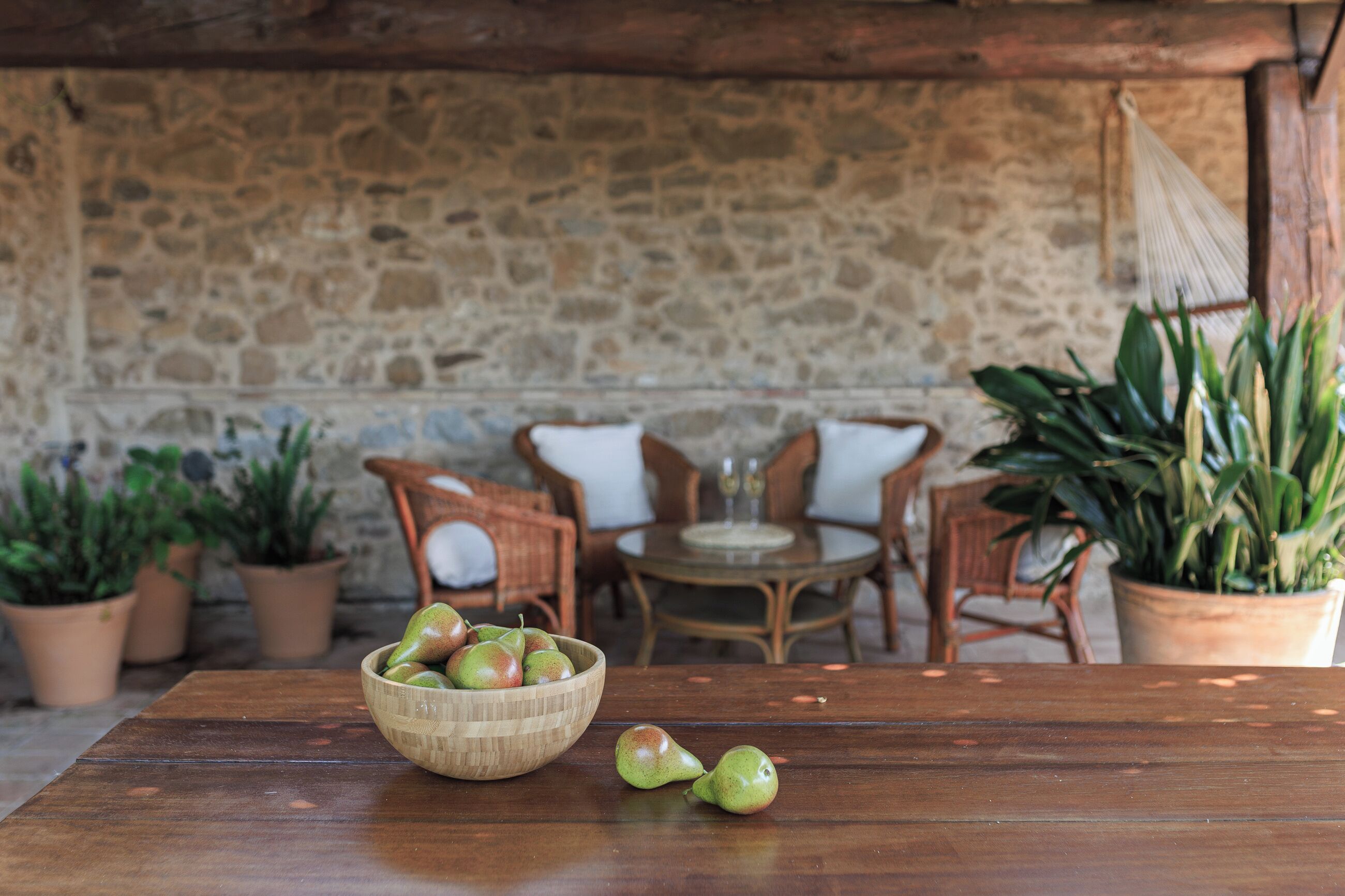 A rustic stone wall, wooden table, and potted plants.