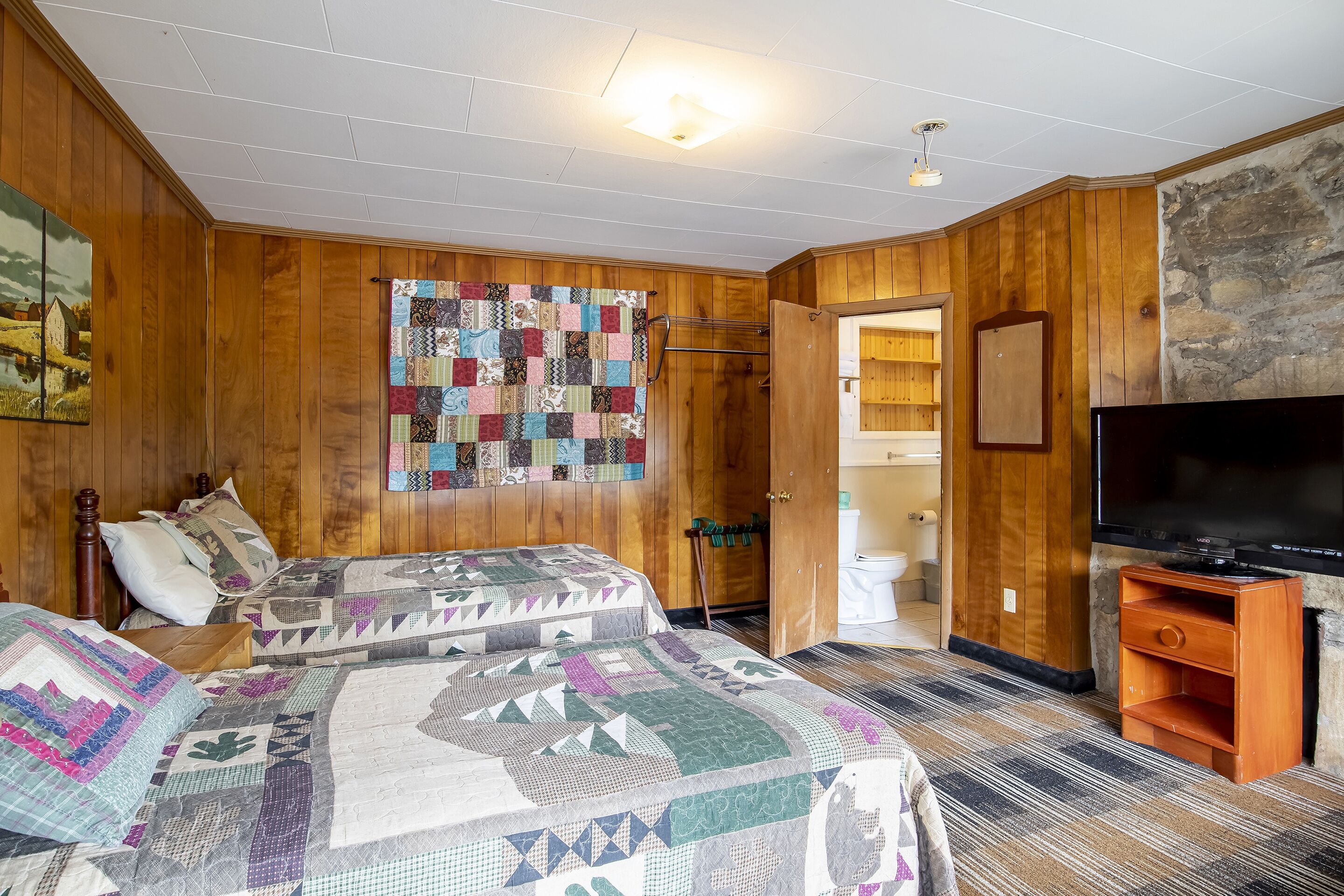 Una habitación acogedora con paredes de madera, una cama acolchada, un televisor y una pared de piedra.