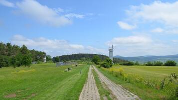 A paved pathway leading through a grassy field with a tower structure in the distance.