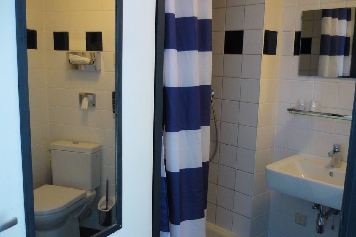 A bathroom with a toilet, a shower curtain, a sink, and a mirror.