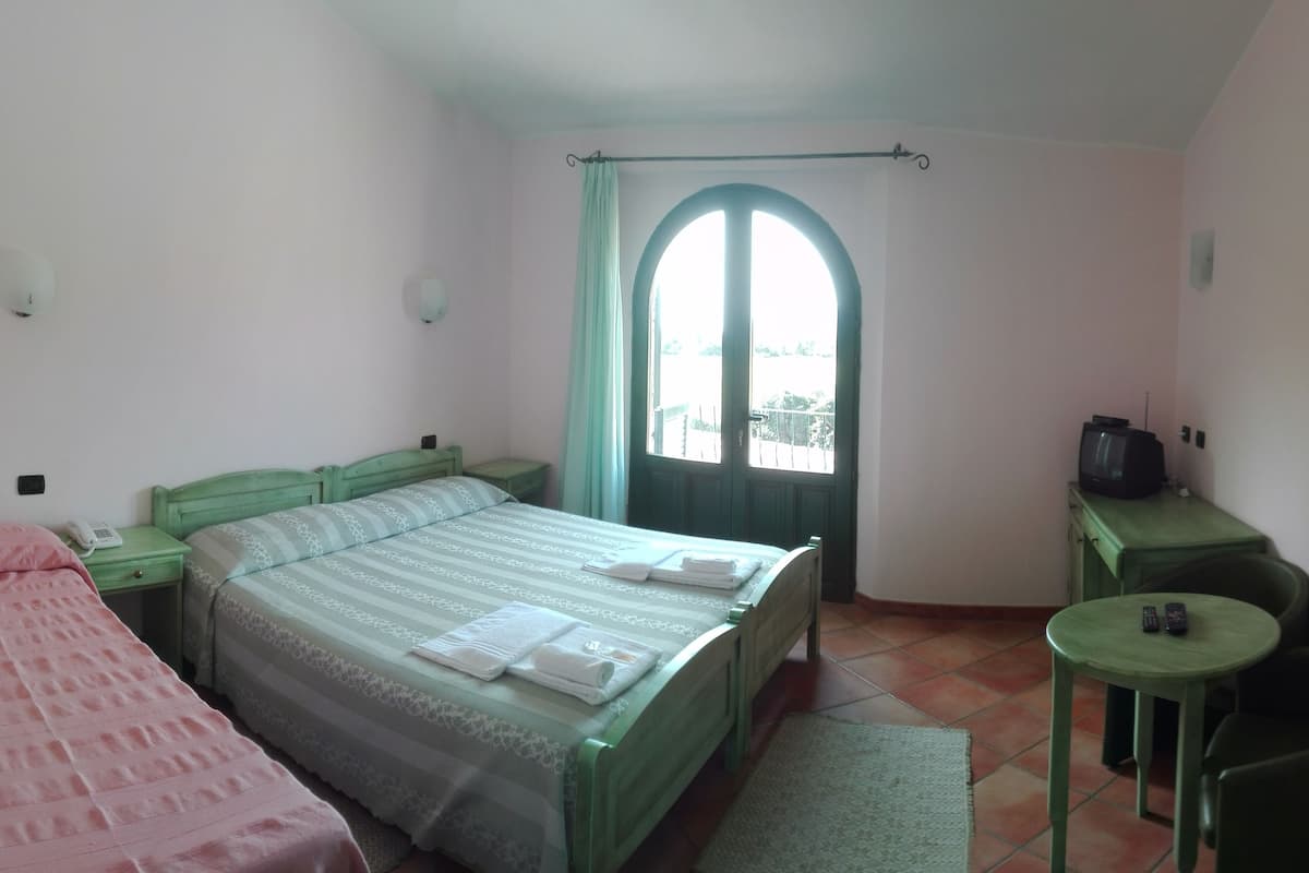 A bedroom with two beds, a small table, a television, and a window with curtains.