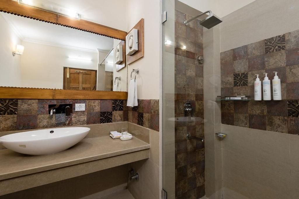 A bathroom with a large white sink, a mirror, a shower with a glass door, and toiletries on a shelf.