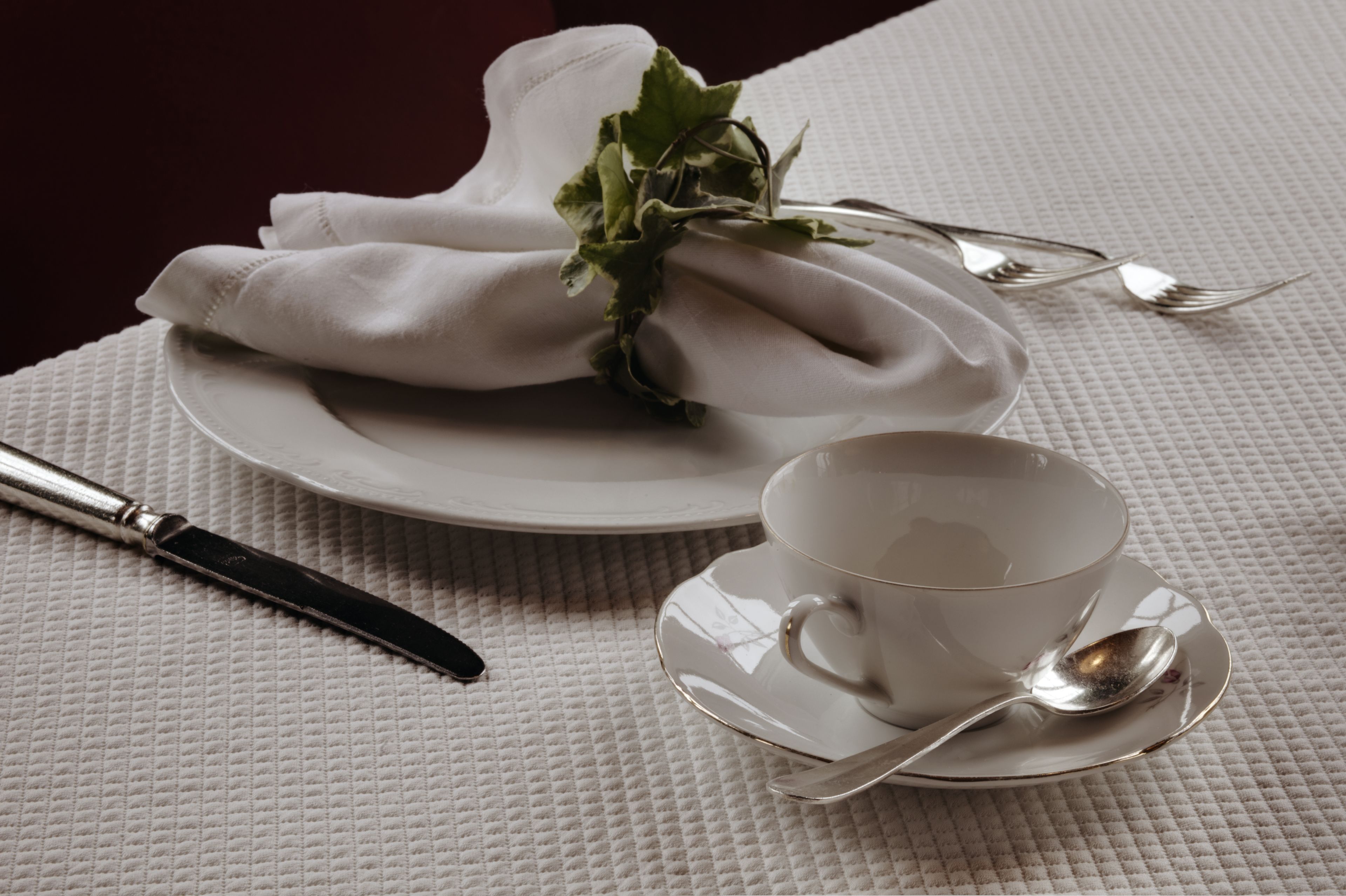 A neatly arranged table setting with a folded napkin, a sprig of greenery, a white plate, a cup, a saucer, a spoon, and a knife.